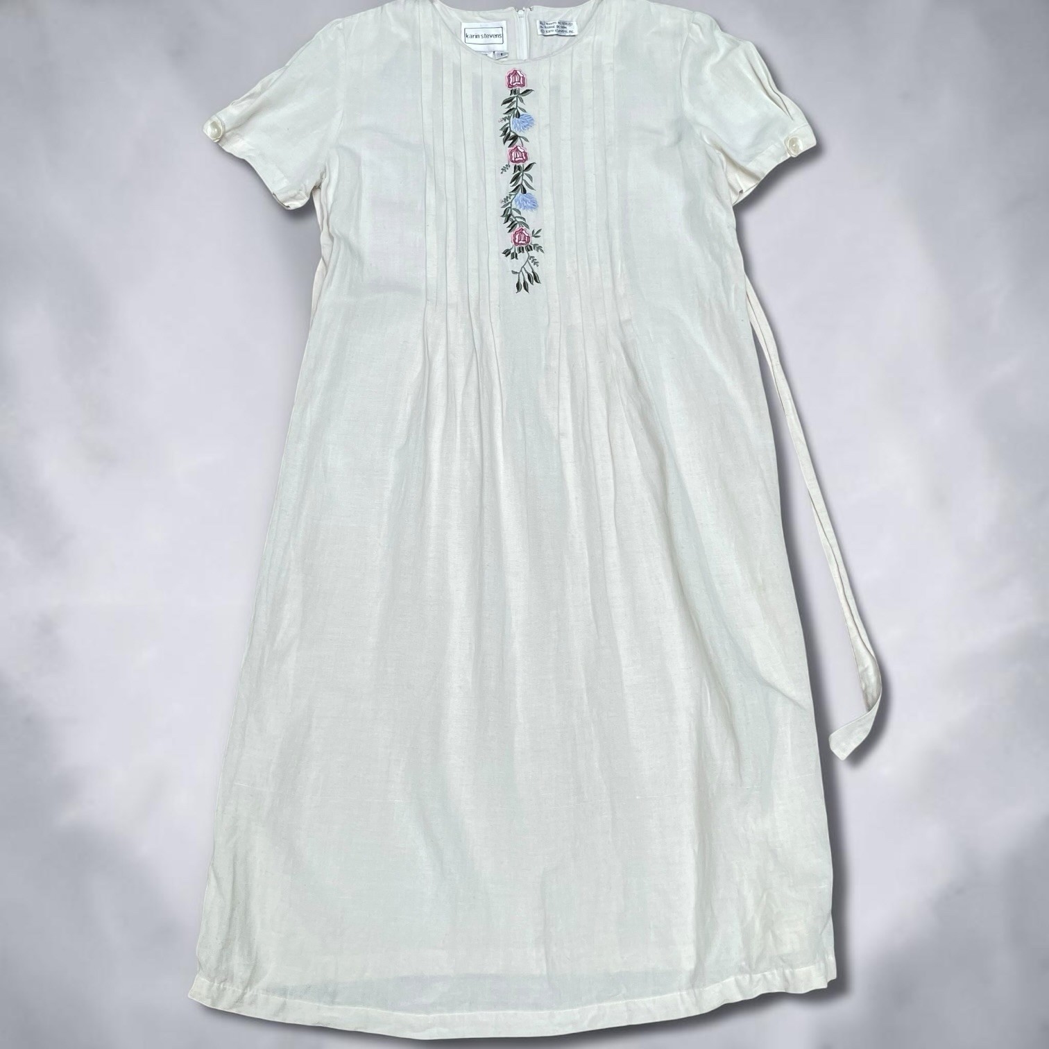 Cottagecore Prairie White Embroidered Midi Dress Pintuck Linen Blend Karin Steve