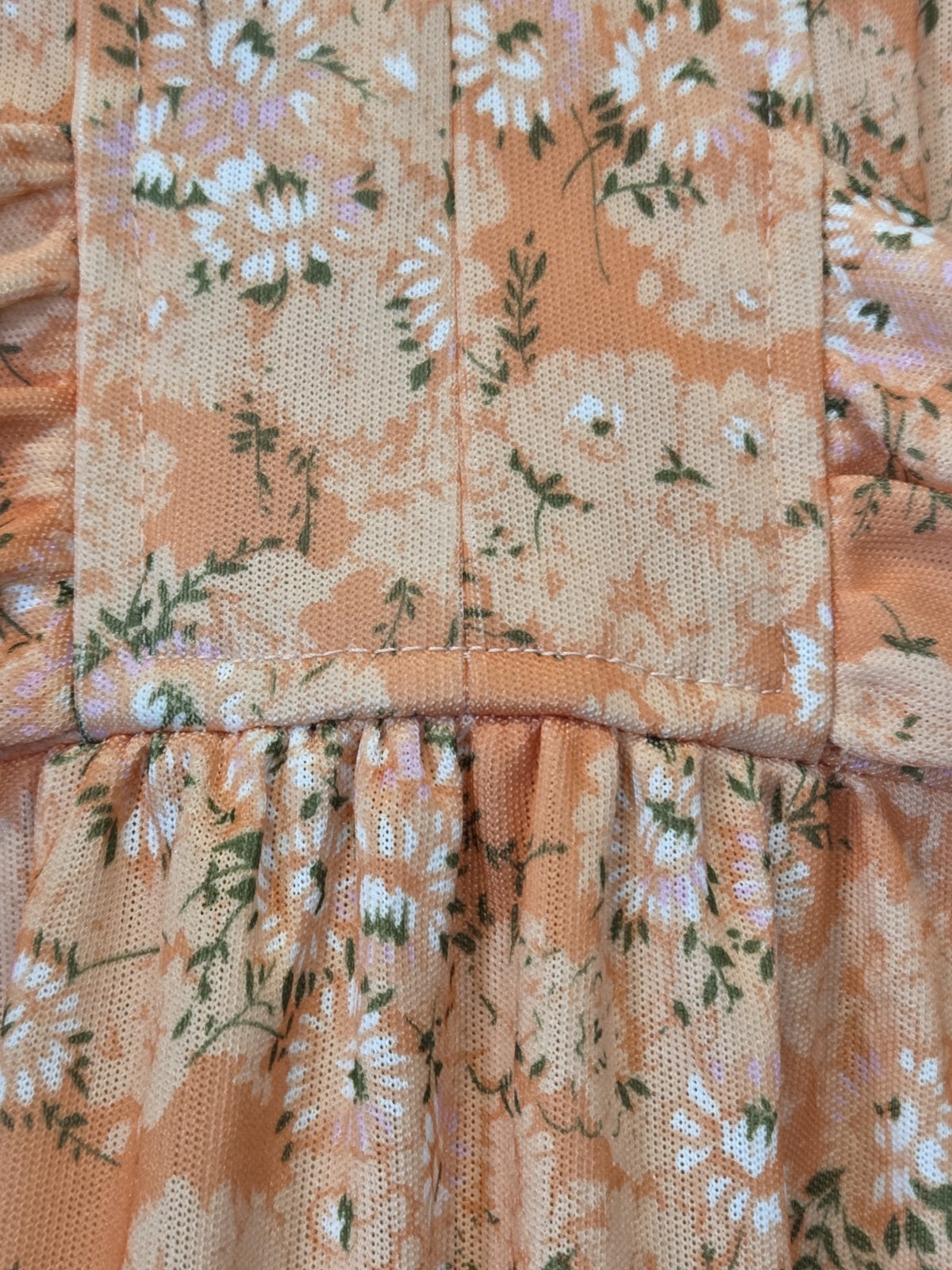 60s/70s Peachy Ditzy Floral Empire Waist Maxi Dress Tie Back Hostess, Boho GUC