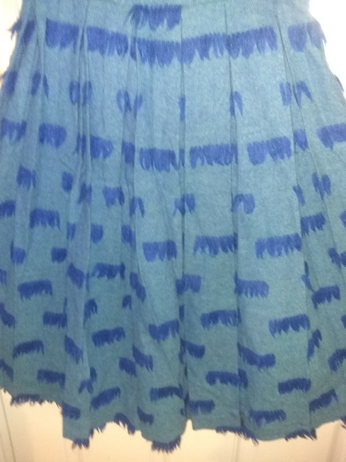Vintage 40s 50s dress , designer wool fabric, blue tuffs, full pleated skirt