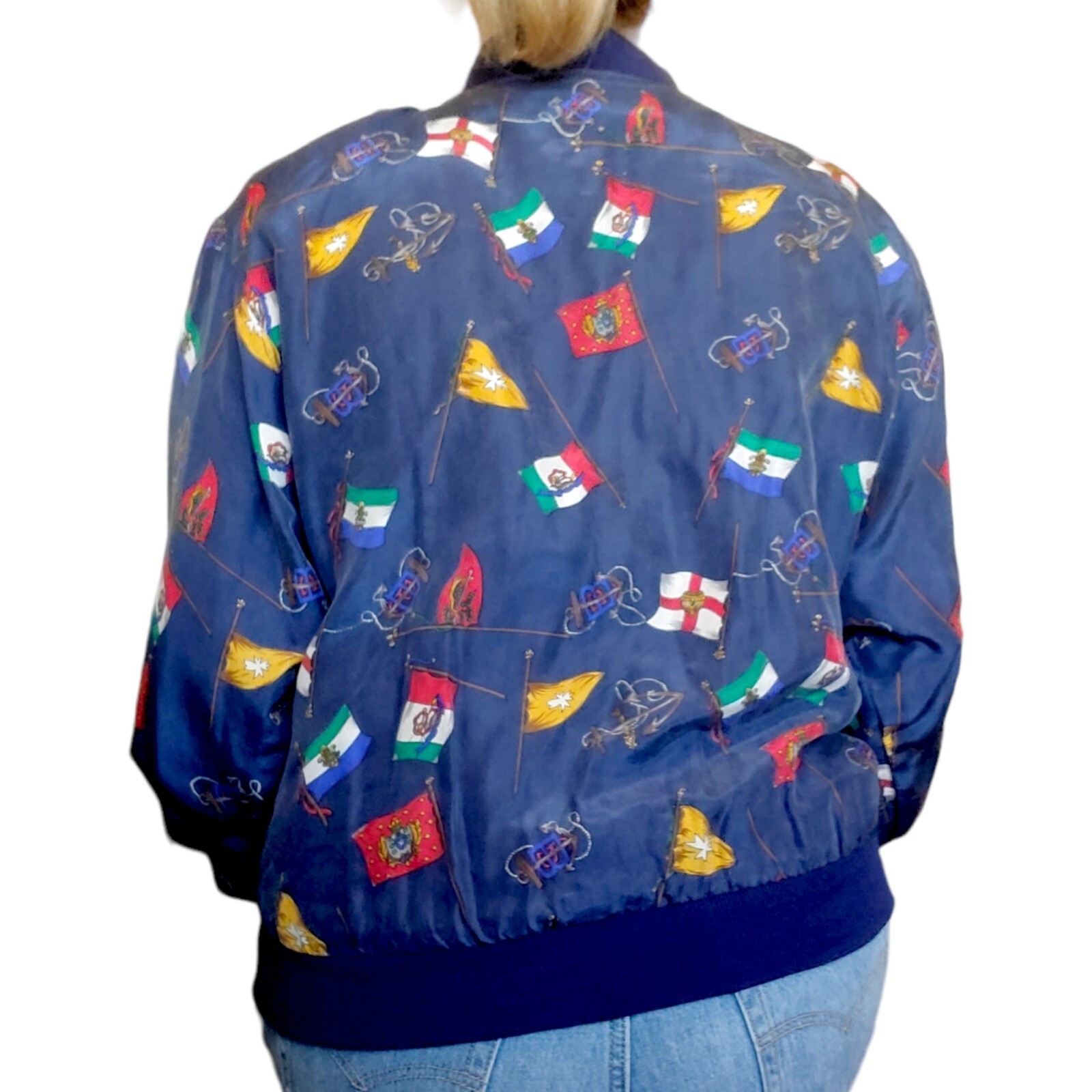 Vintage 90s Navy Blue Silk Womens Bomber Jacket S/M Flags Nautical Yacht