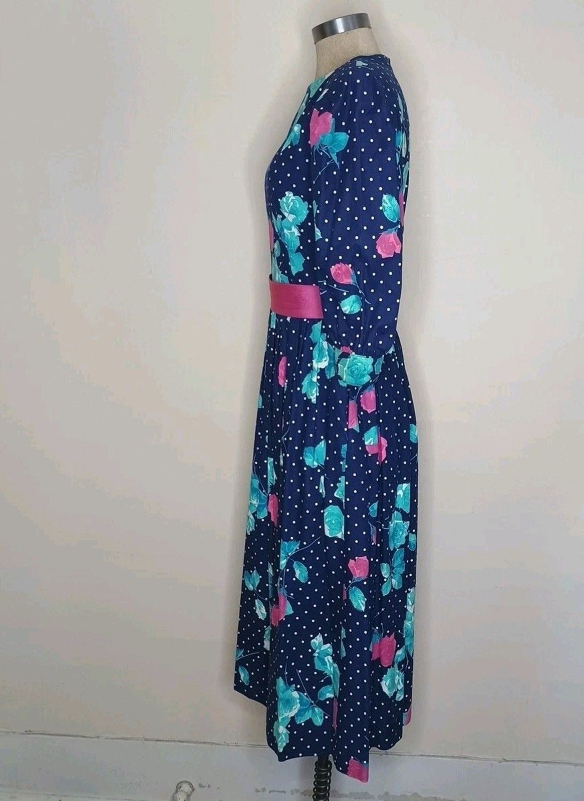Vintage Lanz Originals 80s Dress Sz 8 Blue Floral Cottagecore Belted Pockets