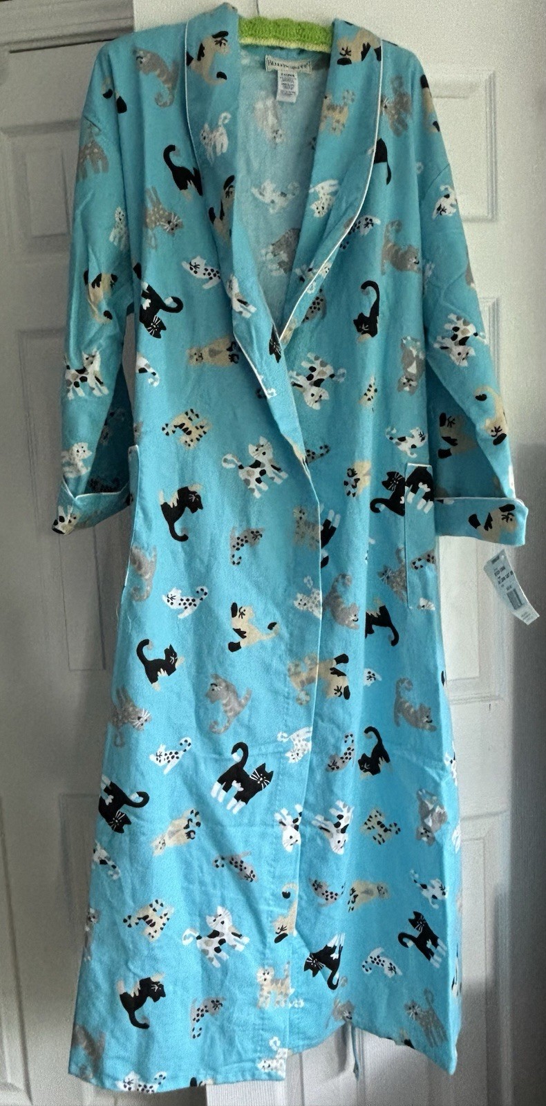 NWT VTG BellePointe Womens XL Flannel Robe Turquoise Cat Print Cotton USA Made