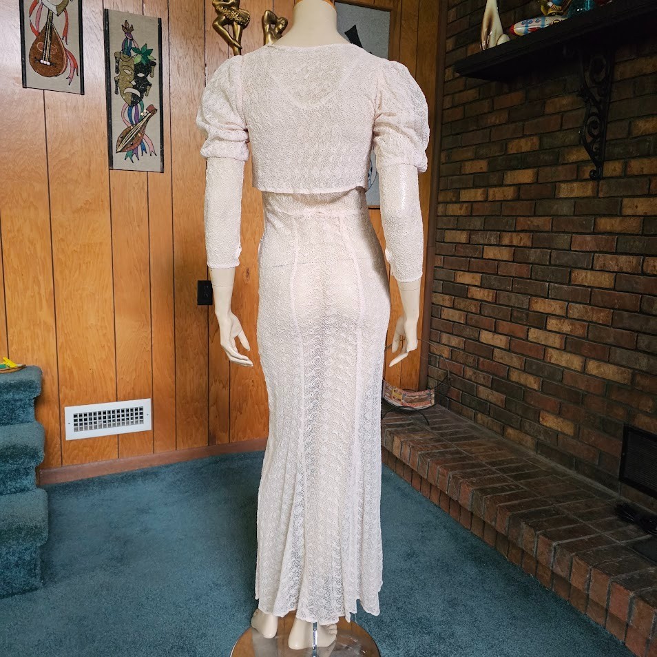Vtg 30s NRA Pink Spiderweb Lace Bias Cut Dress Gown + Juliet Sleeve Bolero XS/S