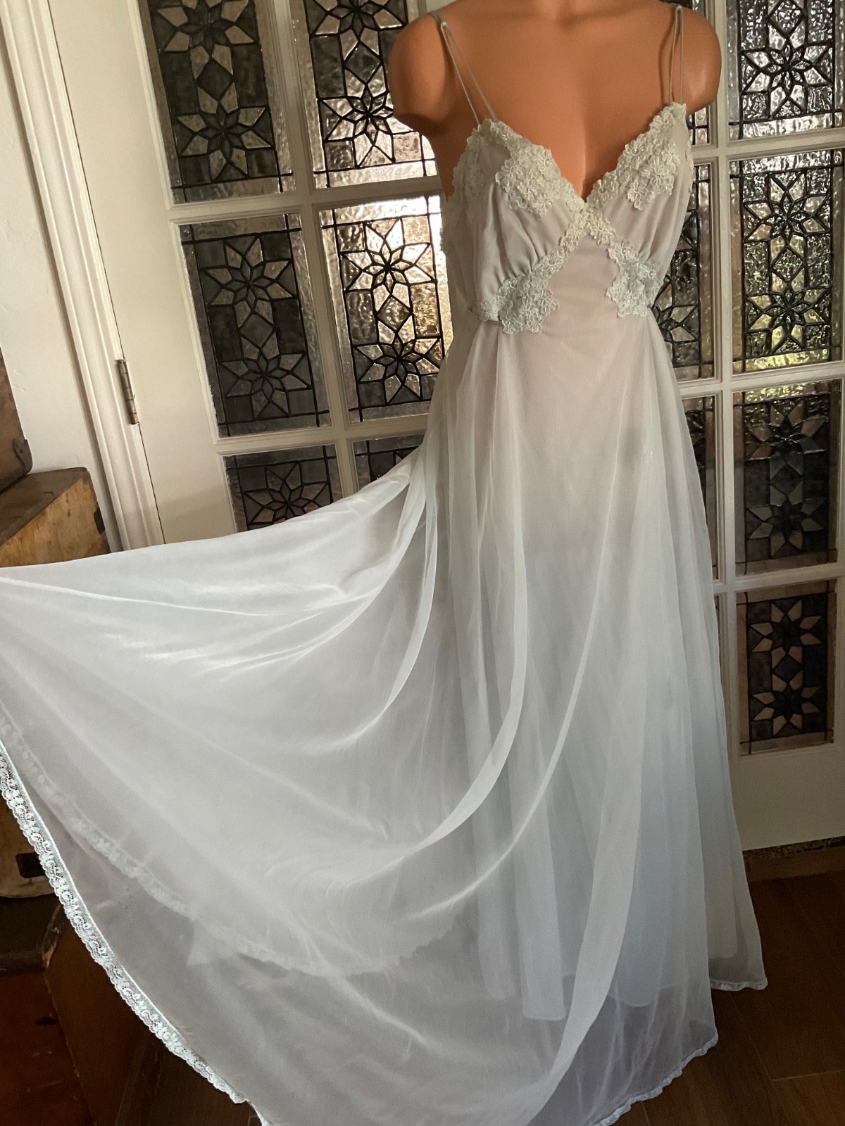 Vintage Gotham Gold Stripe Blue Nightgown Chiffon Nylon Lace Trim Size 36 USA