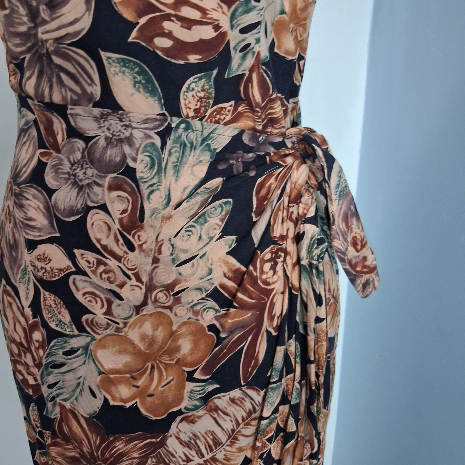 All That Jazz VTG 90s Floral Maxi Dress Halter Neck Tie Waist Brown Black 5/6