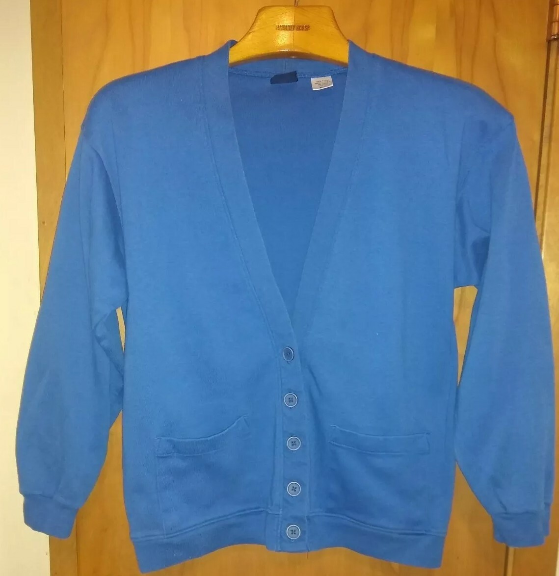 Classic Lands End Blue Sweater Comfort Pockets Cotton USA V-neck Button Size M