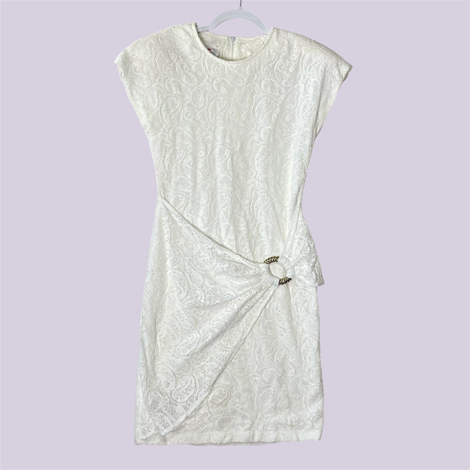 Vintage 80s White Paisley Lace Cocktail Mini Dress Chic Padded Shoulder Sz 9/10