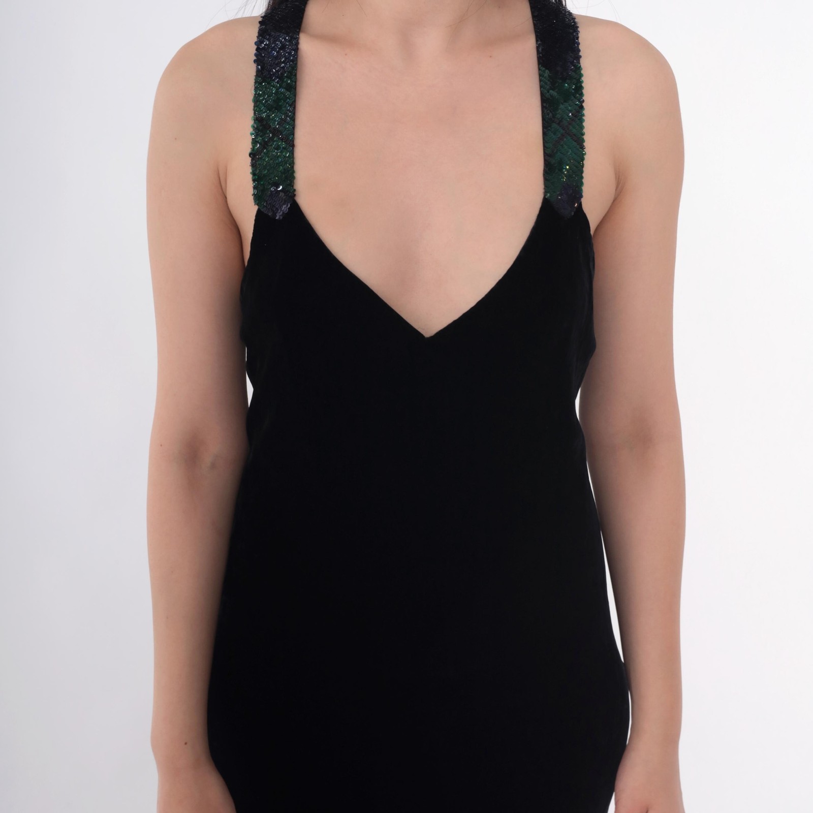 Vintage Ralph Lauren Collection Gown 90s Black Velvet Evening Dress Sequin Strap