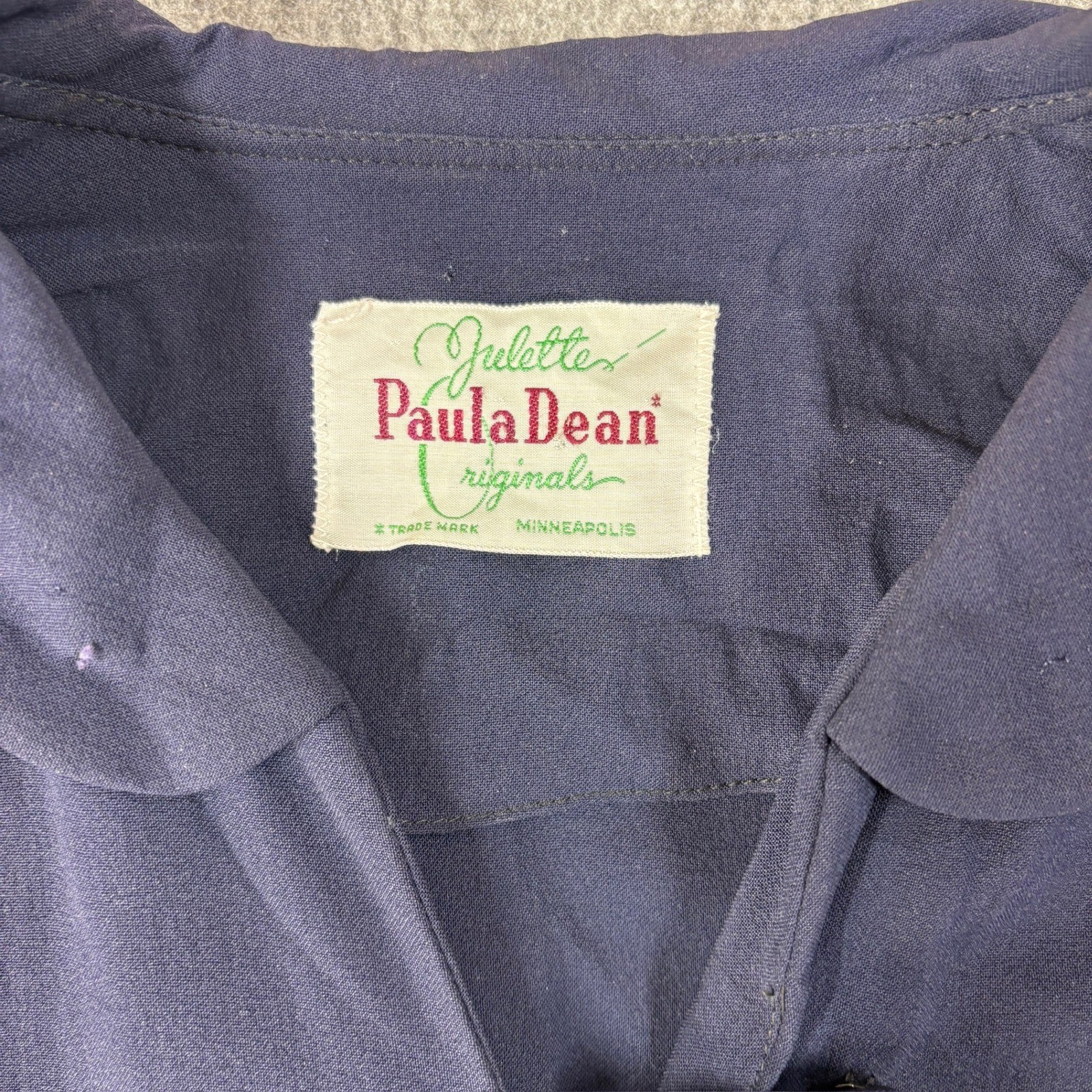 Vintage Paula Dean Originals Juliette Navy Blue Scalloped Collar Midi Dress 40s