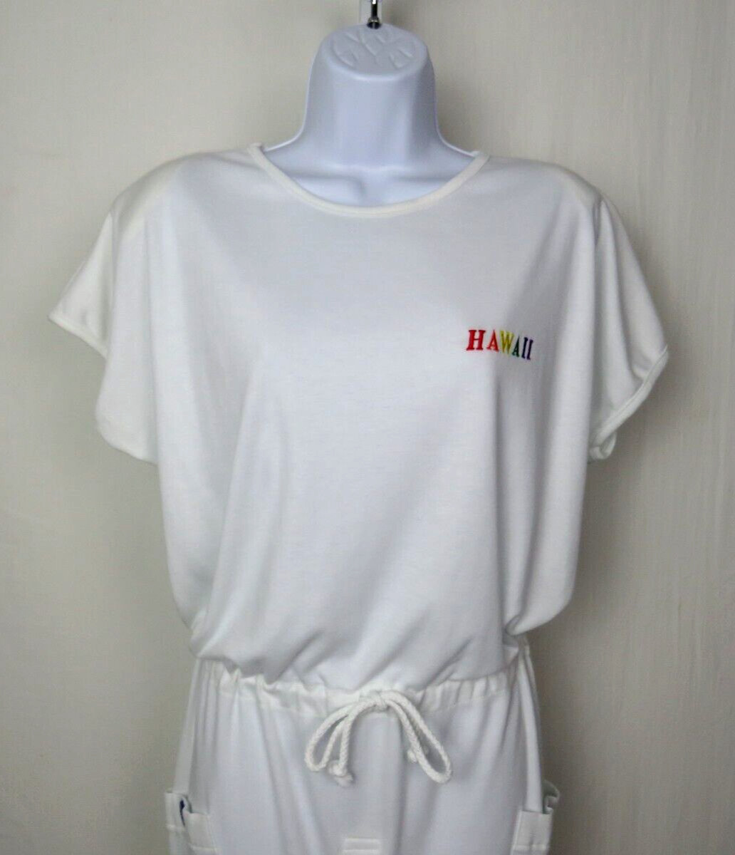VTG HAWAIIAN FLAVOR BEACH DRESS WHITE ONE SIZE POLY COTTON DRAWSTRING BUTTONS