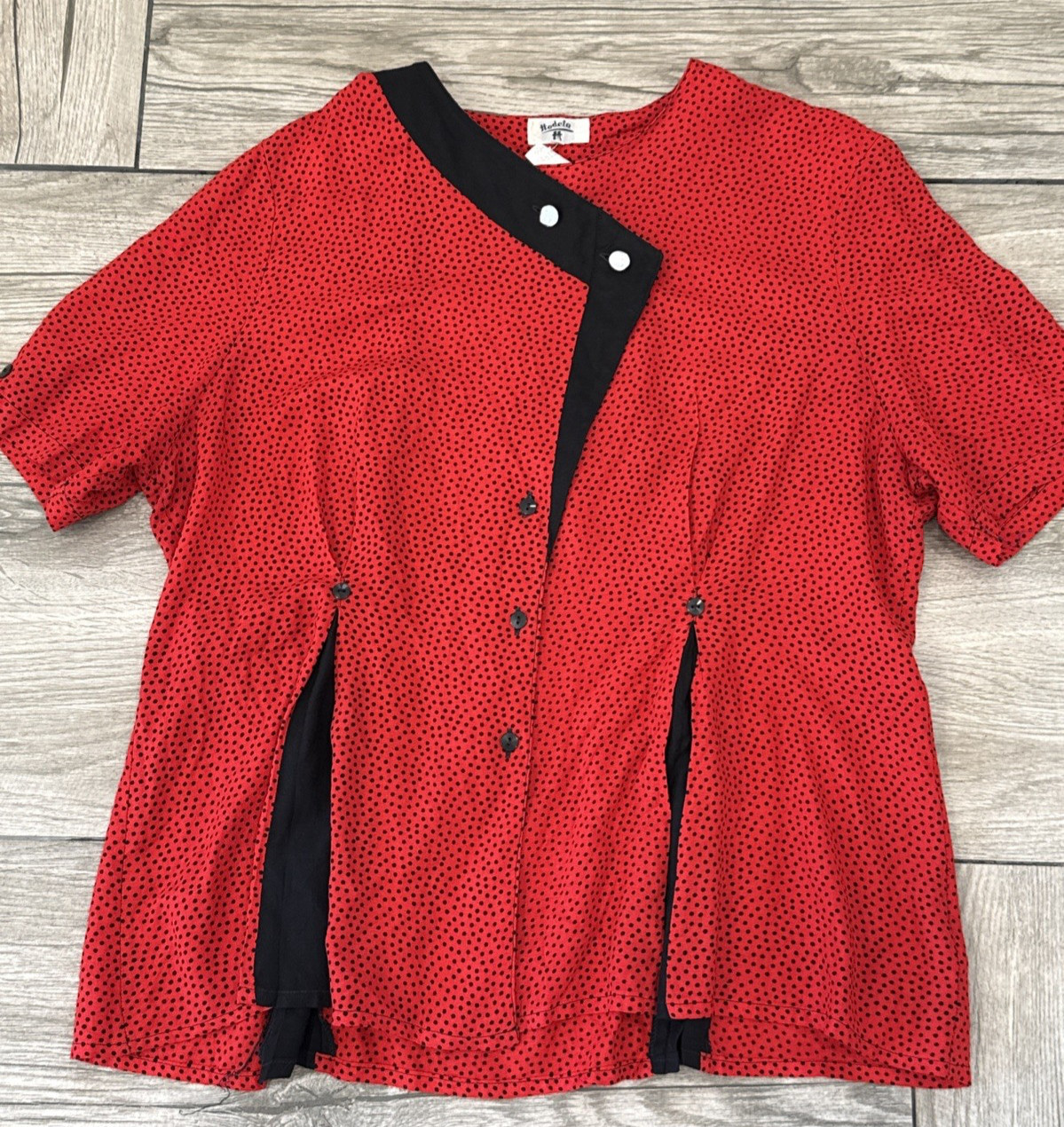 Vintage Hodeta Asymetric Button Down Short Sleeve Top Red Polka Dots Size 48