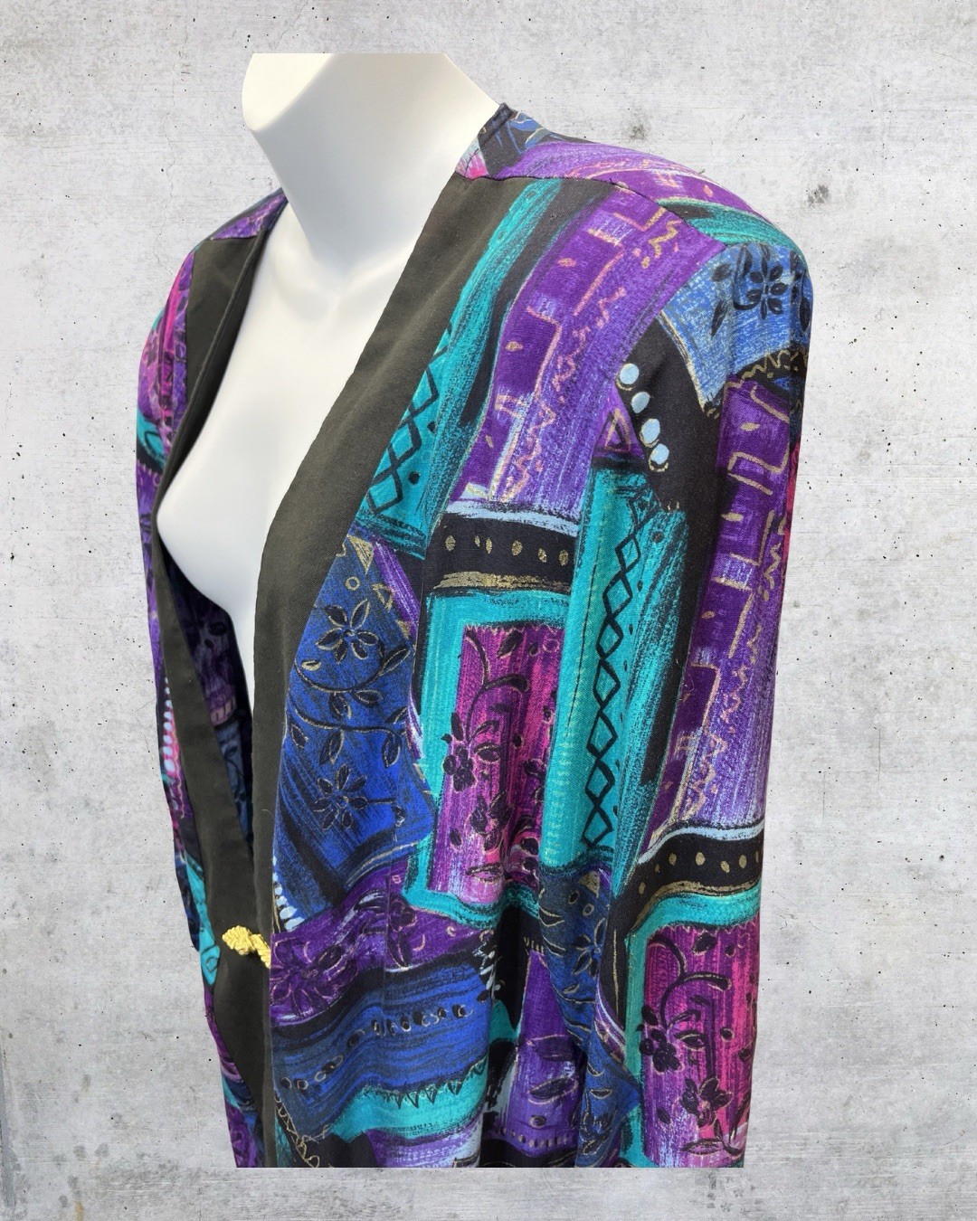 Vintage 90s Maggie Sweet Abstract Jacket Open Front Black Trim Artsy Topper