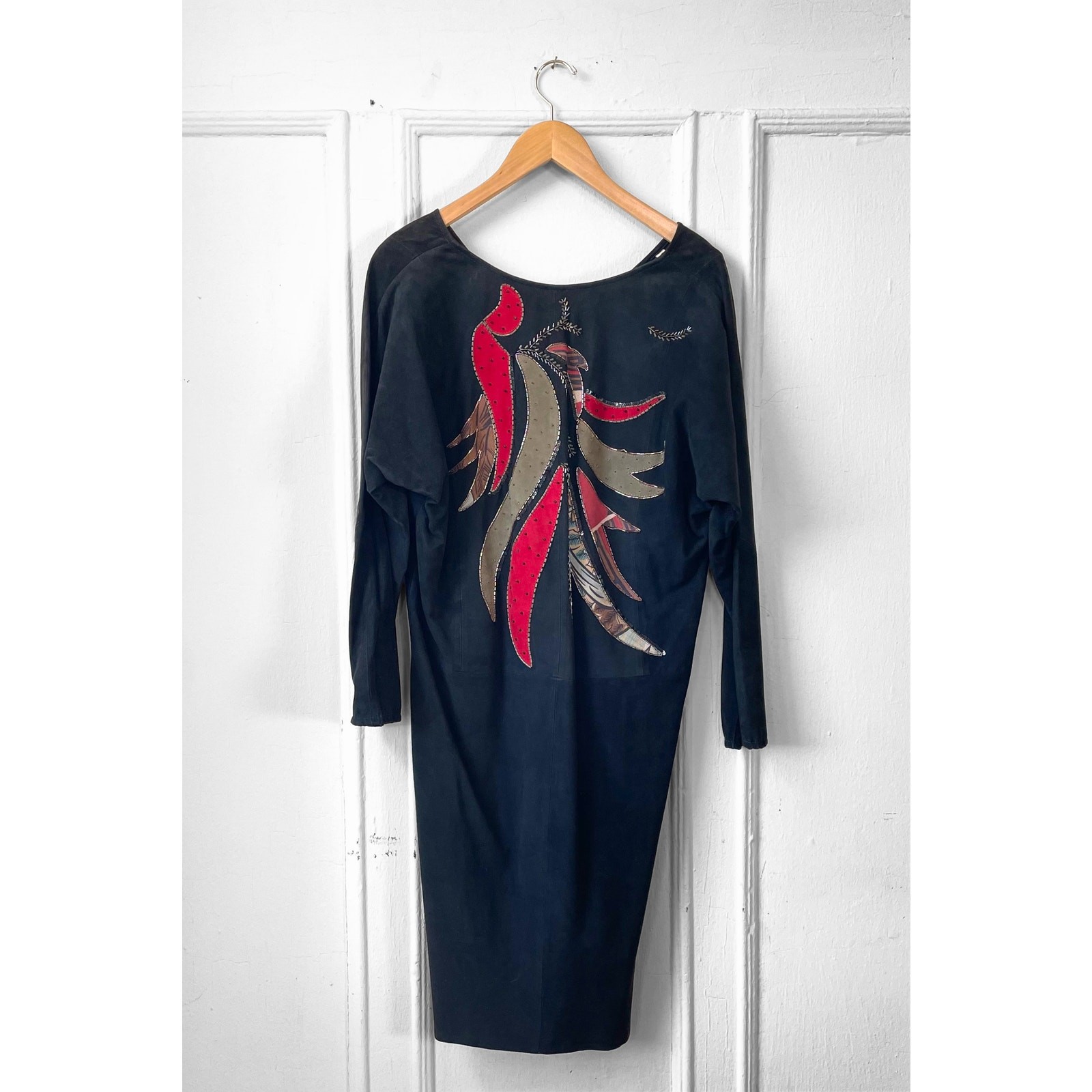 80s Suede Beaded Leather Dress Judith Ann Creations Applique Raglan Sleeve S
