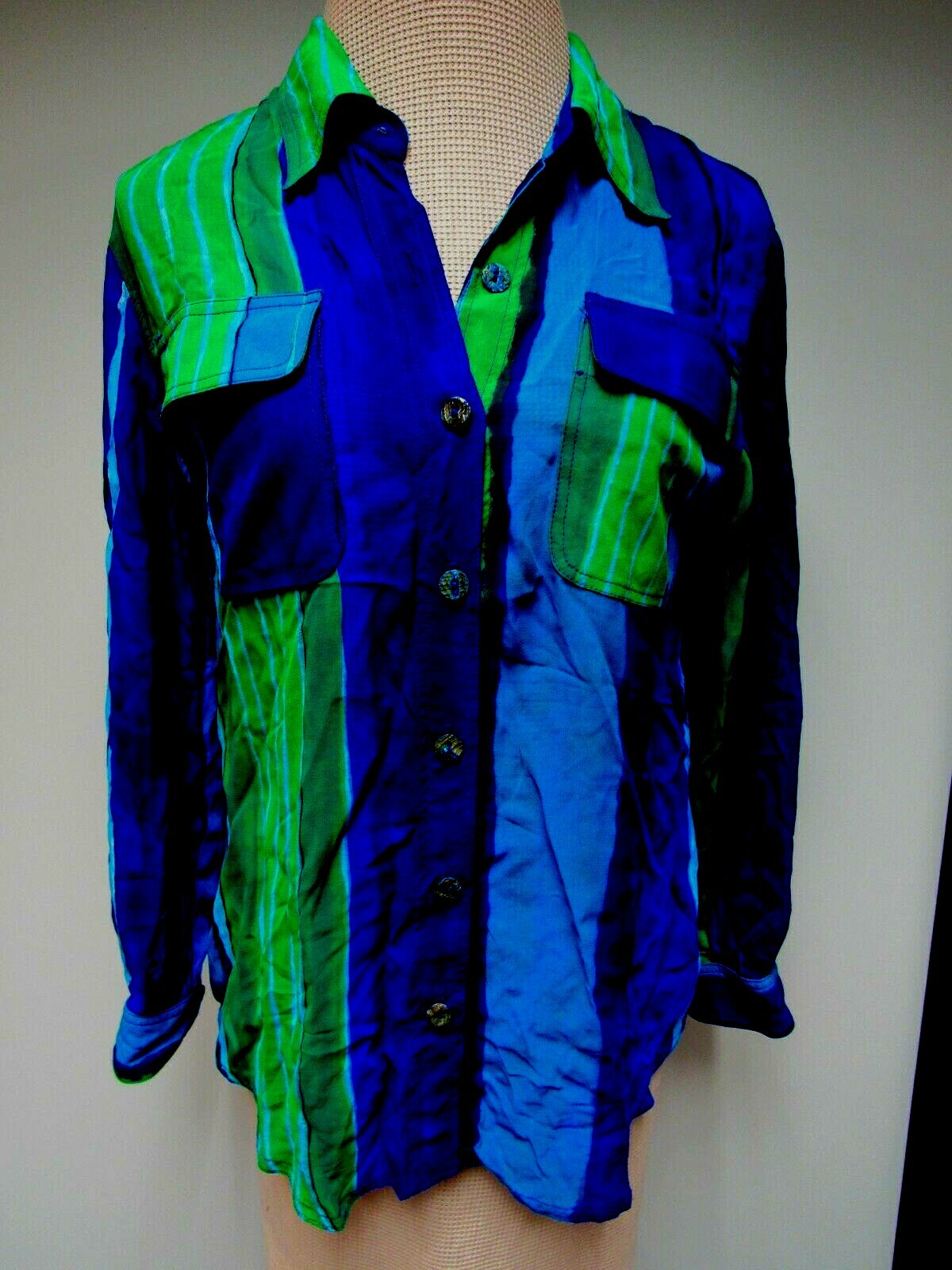 VTG CAROLE LITTLE Petities Blouse Top Shirt Sheer Navy Blue Green White 6 S M EU