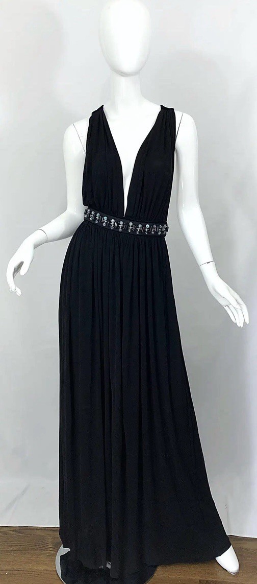 1990s Dolce & Gabbana D&G Black Plunging Sexy Beaded Sleeveless Vintage 90s Gown