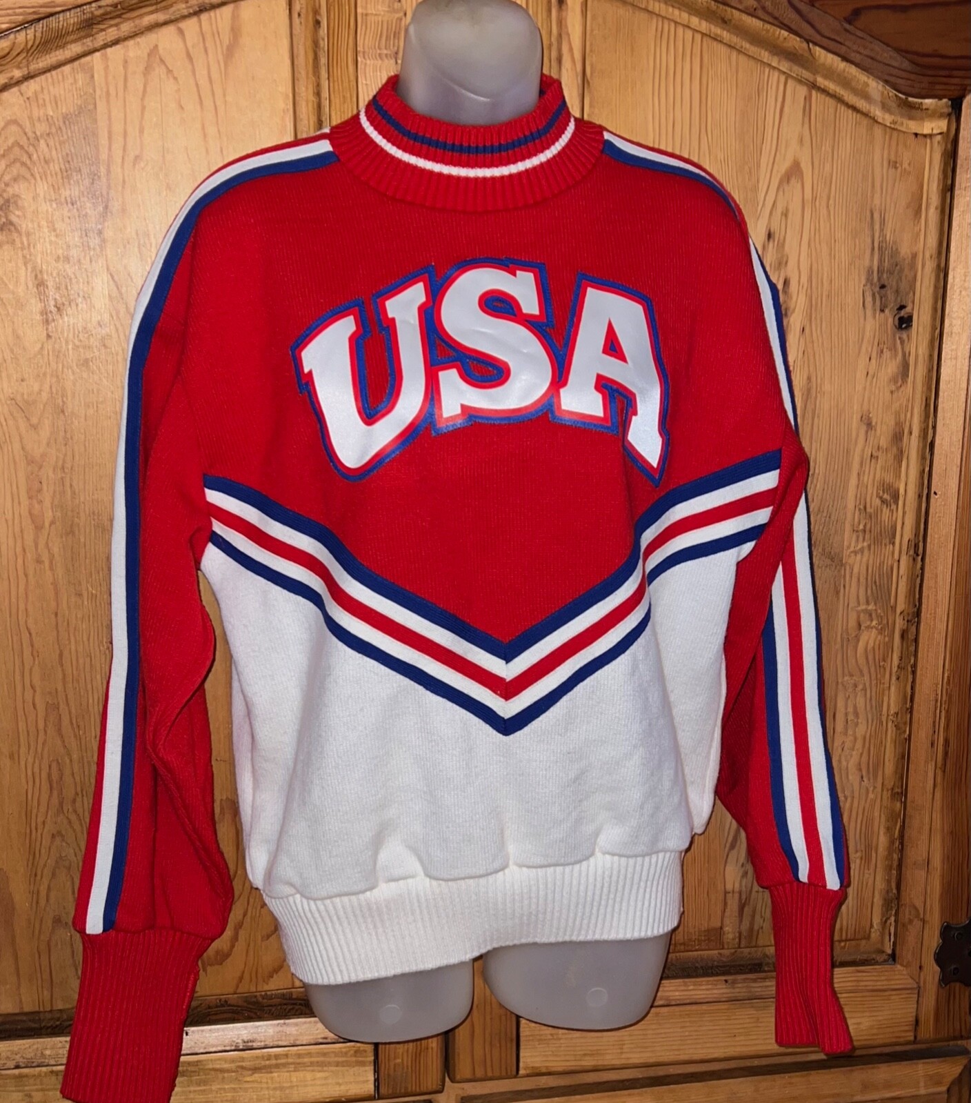 Rare Vintage VARSITY SPIRIT FASHIONS Red White Blue USA Logo Knit Sweater Sz 36