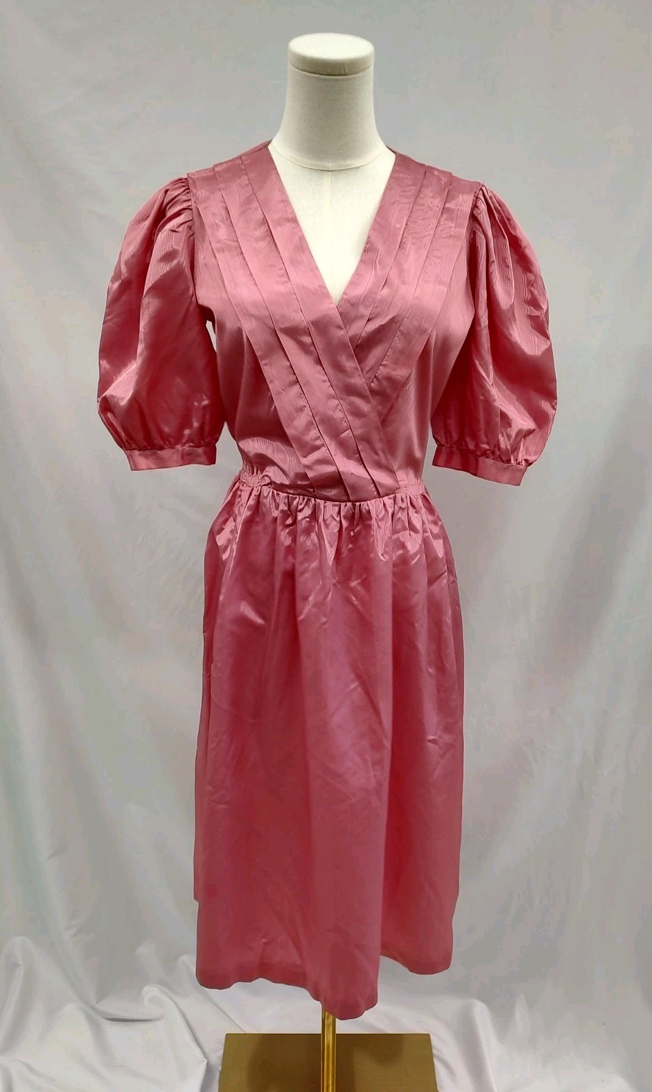 80’s Vintage Dress Mauve Moire Taffeta Puff Sleeve Midi Length Cross Front Sz L
