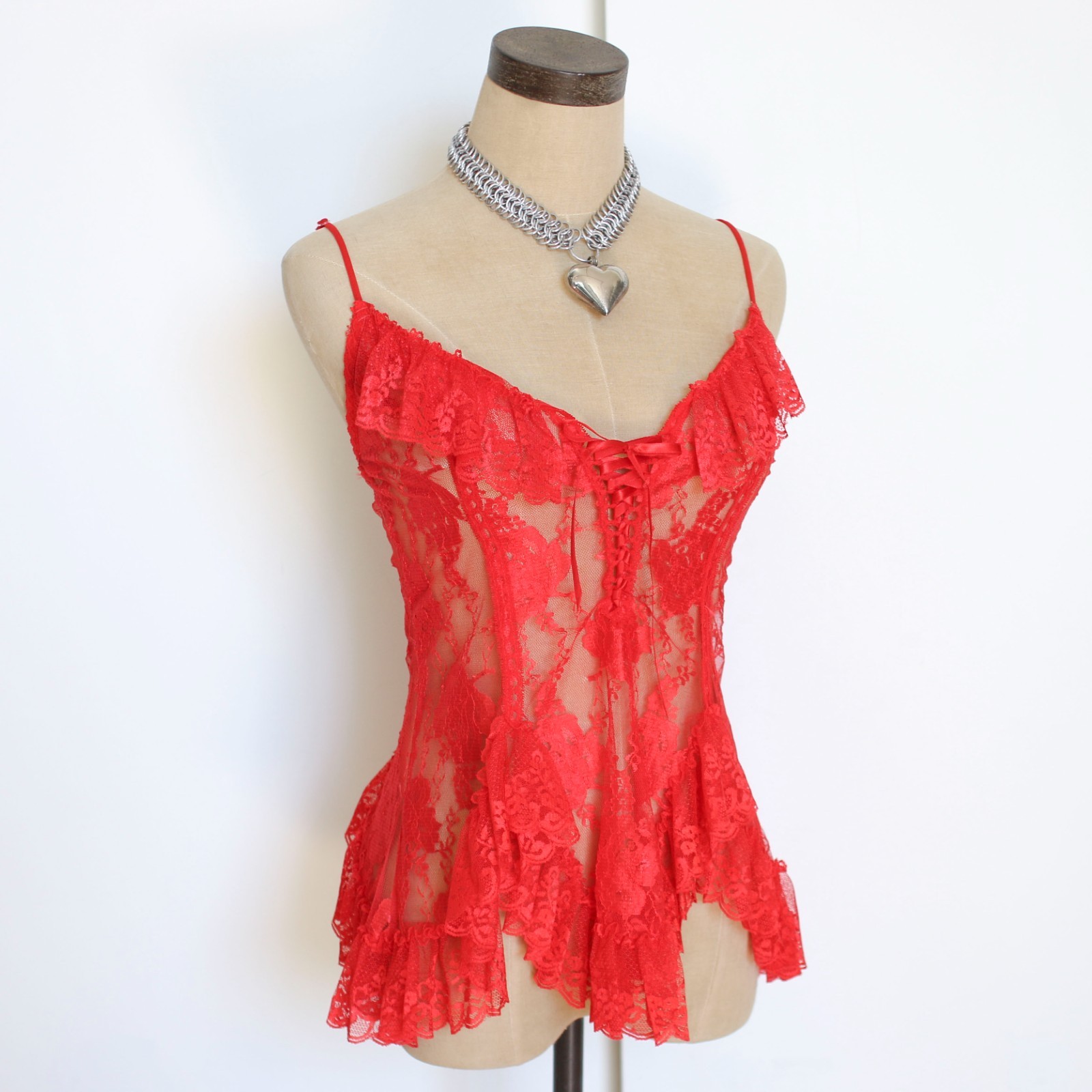 vintage y2k 90s 80s red lace ruffle cami tank top shirt goth rockstar gf small s
