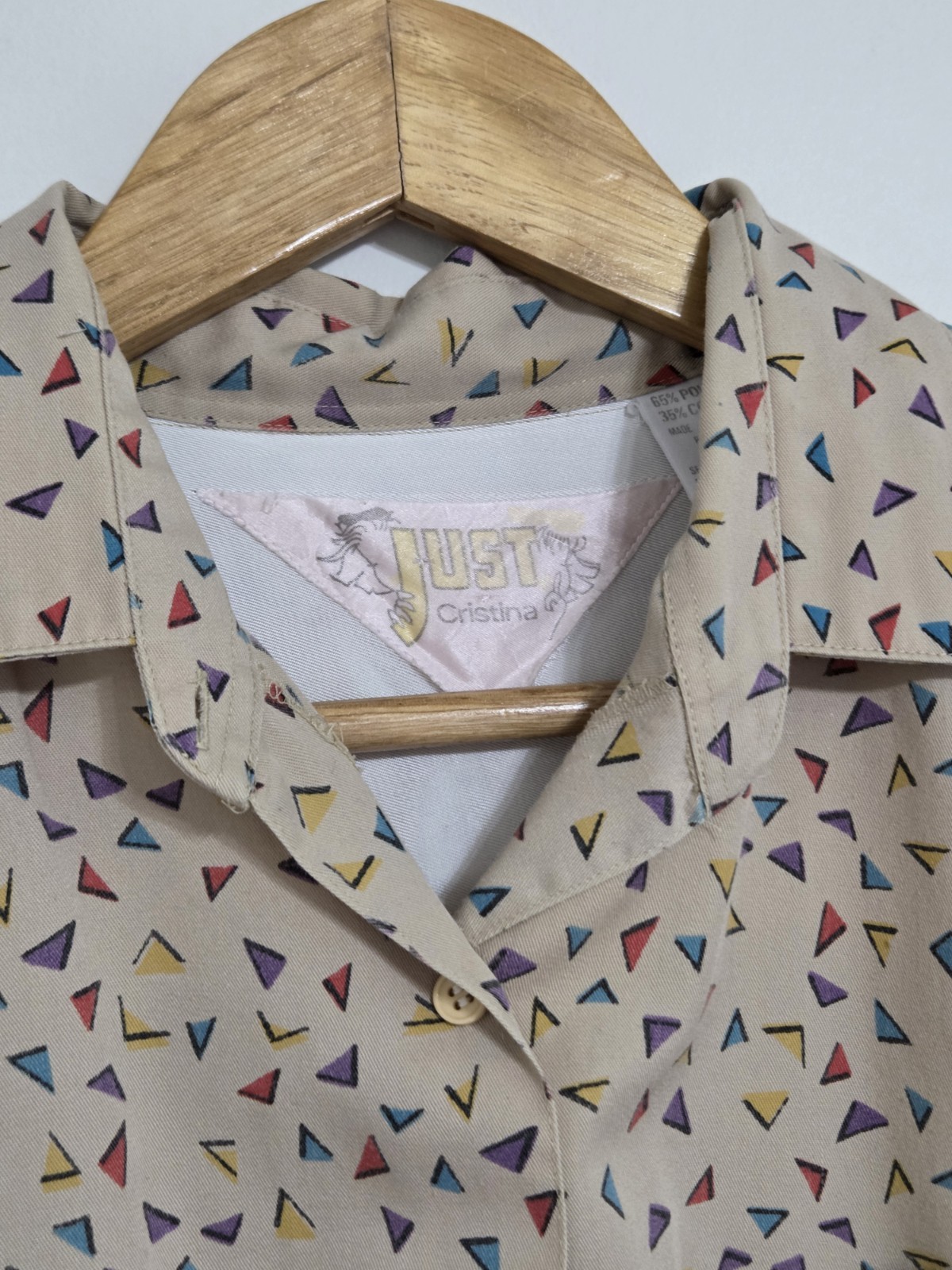 Vintage Just Cristina Button-Up Beige Tan Shirt With Multicolor Triangles Size M