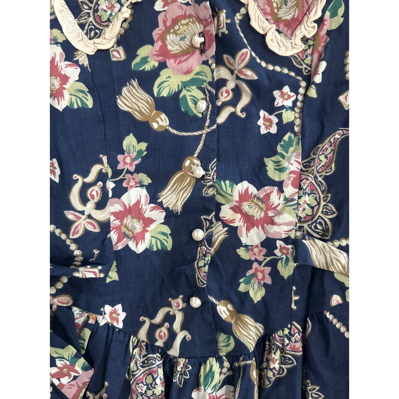 Vintage Floral Midi Dress Women Size 5 Navy Blue Lace Collar Shoulder Pads 80s