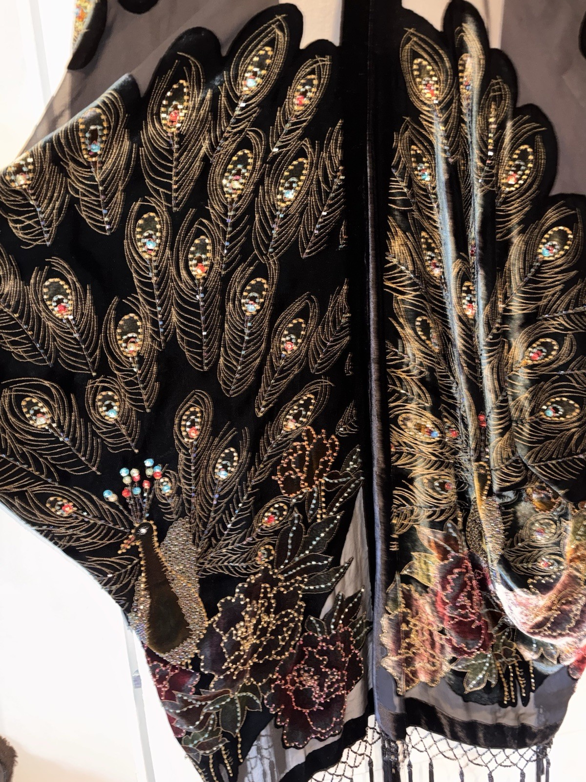 Vintage Silk Velvet Beaded Peacock Duster Coat Opera Black Fringe Romantic Goth
