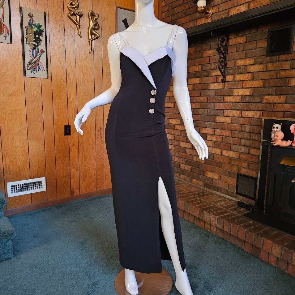 Vtg 90s Cache Tuxedo Plunging Evening Cocktail Party High Slit Wiggle Dress S/M