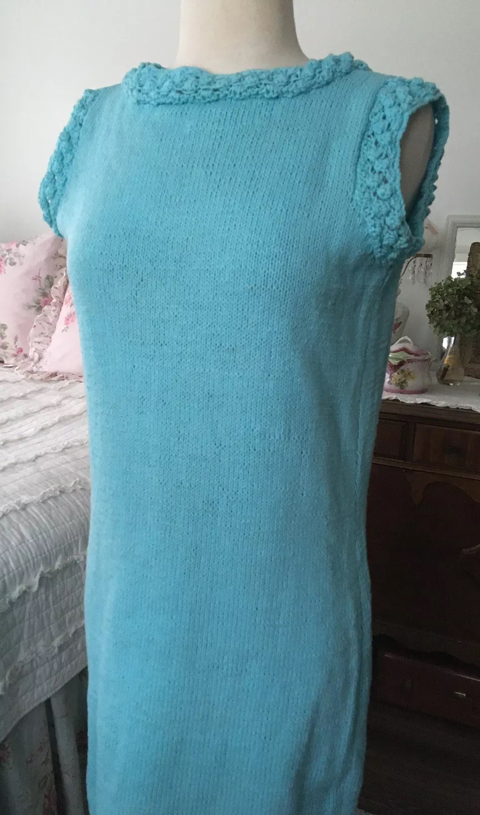 VTG 1960s Pastel AQUA Bubble HANDKNIT Dress Pin Up MOD Sleeveless