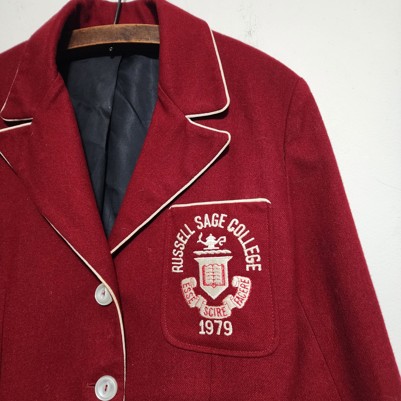 Vintage 70s Russell Sage College Wool Blazer Jacket Womens 10 R Piped Trim 1979