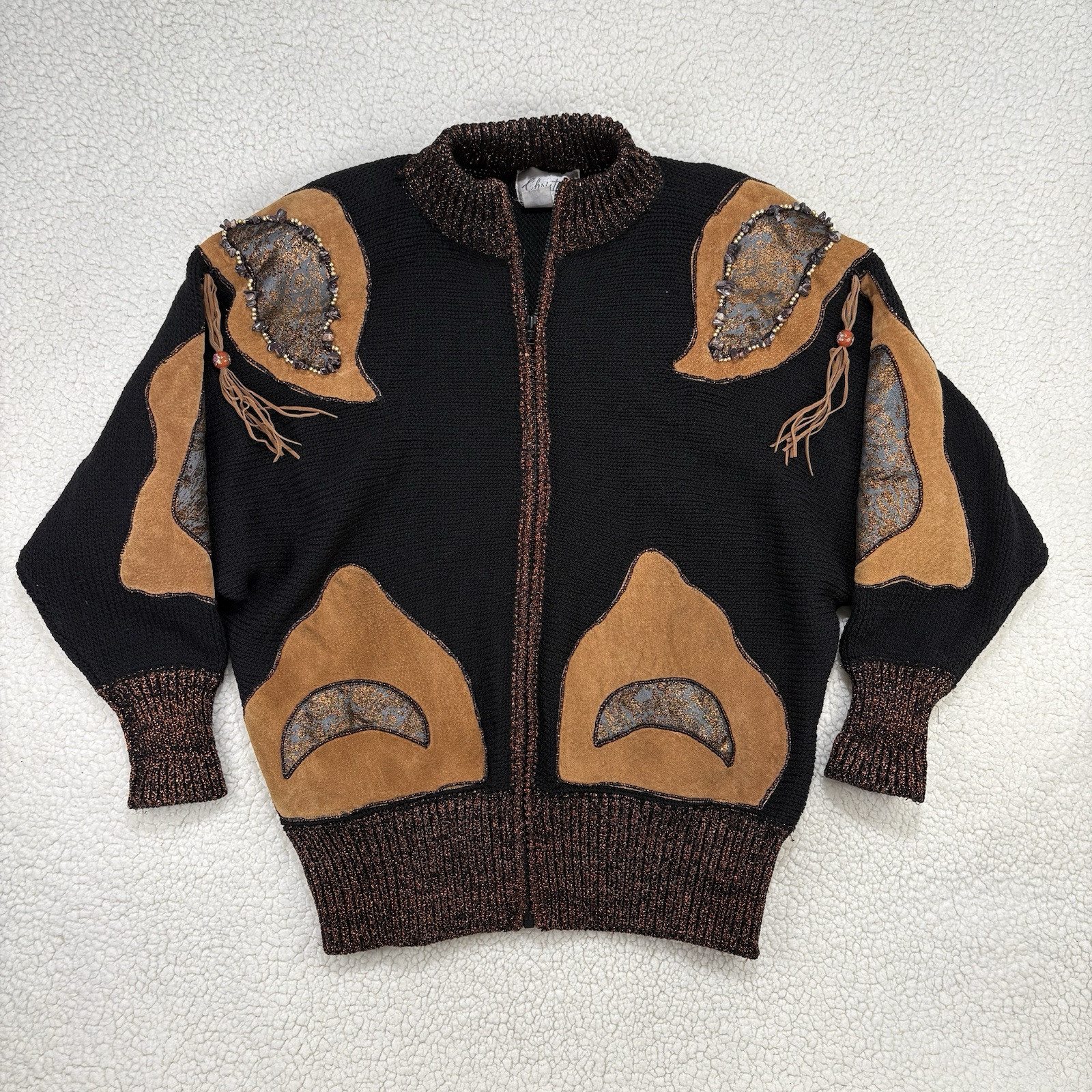 Vtg 80s Christine Knit Jacket Zip Sweater Embellished Beaded Suede Wool Tassels