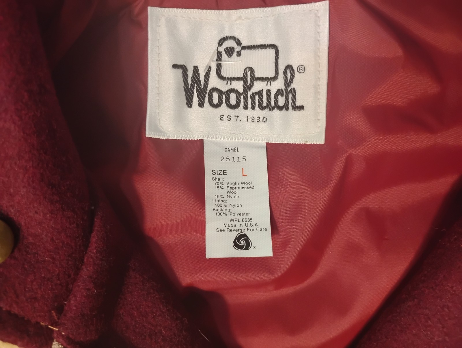 Woolrich Coat Women’s Large Virgin Wool Split Hood Camel Brown & Burgundy VTG