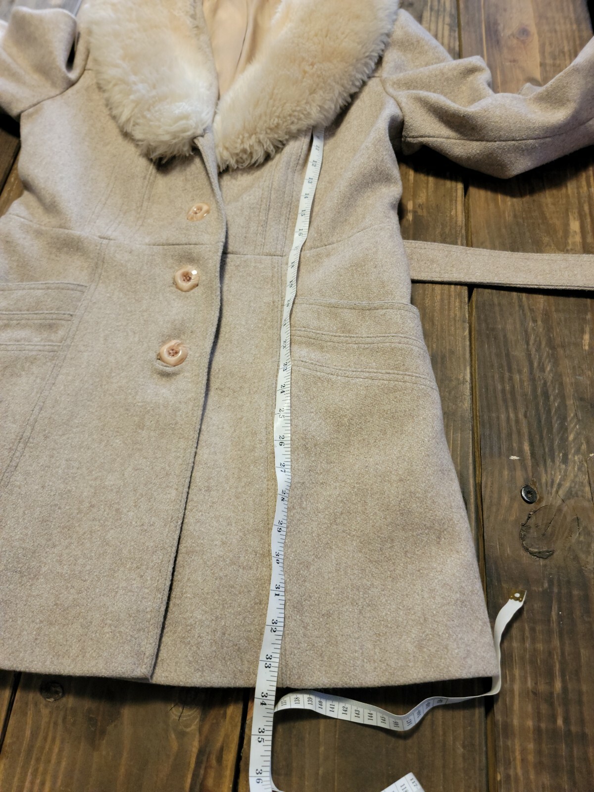 Vtg Country Pacer Wool Long Belted Shearling Fur Collar Women’s Coat Sz L