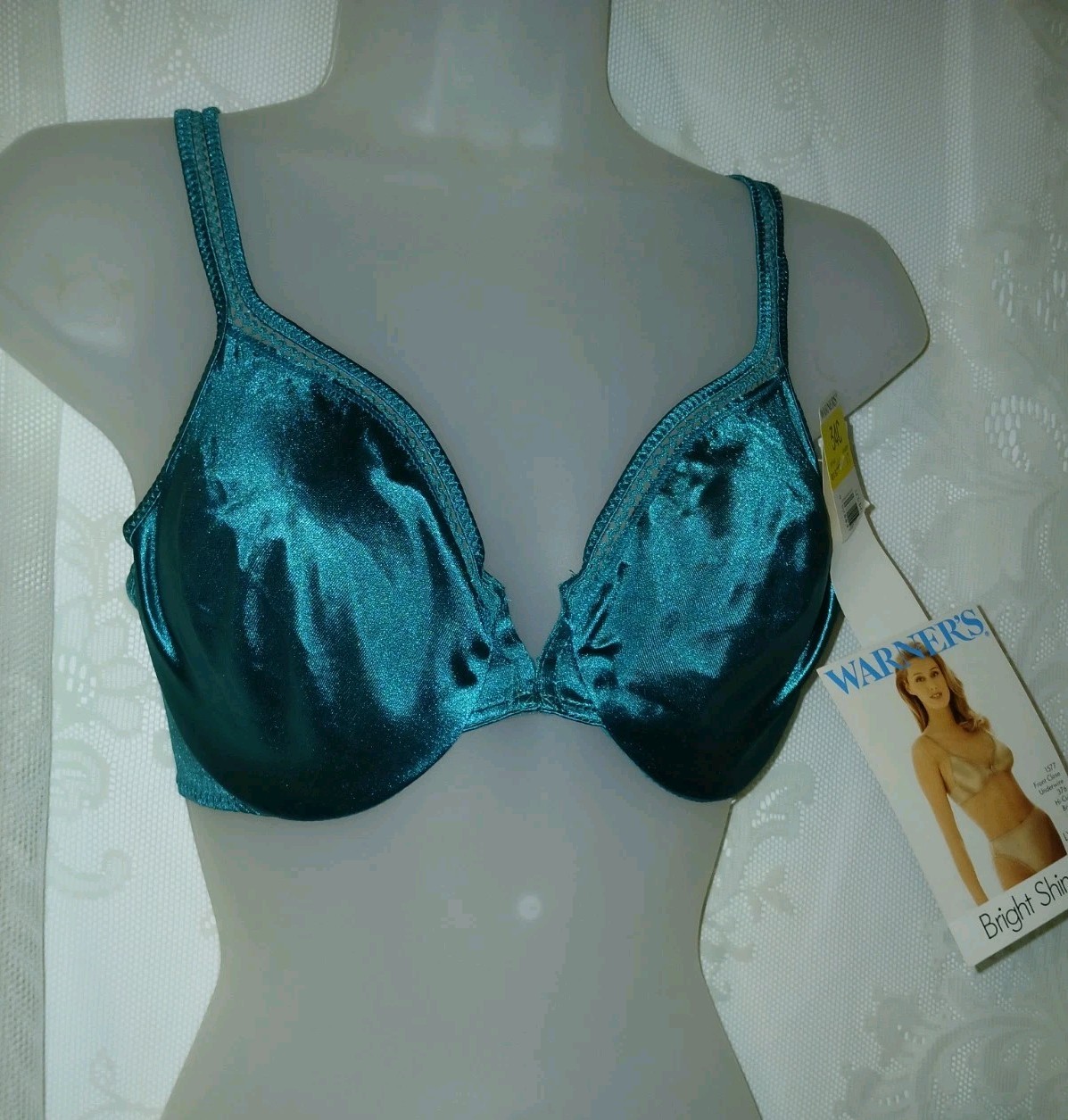Vintage 80s Warners Bright Shine Teal Green Satin Nylon Underwire Bra 34C NWT