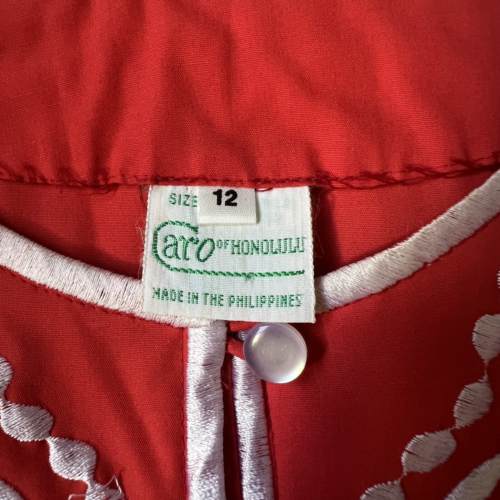 VTG Caro Of Honolulu Dress Red White Embroidered Buttons Down Front 1970’s Sz 12