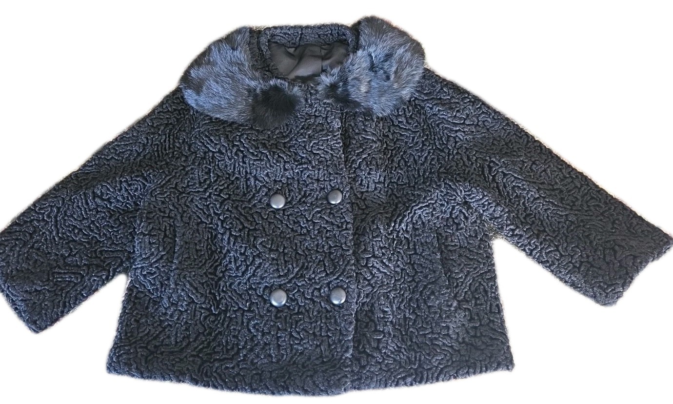 Vtg Anthony Rao Coat M Black Curly Lambs Wool w Real Fur Collar 50s 3/4 Sleeve