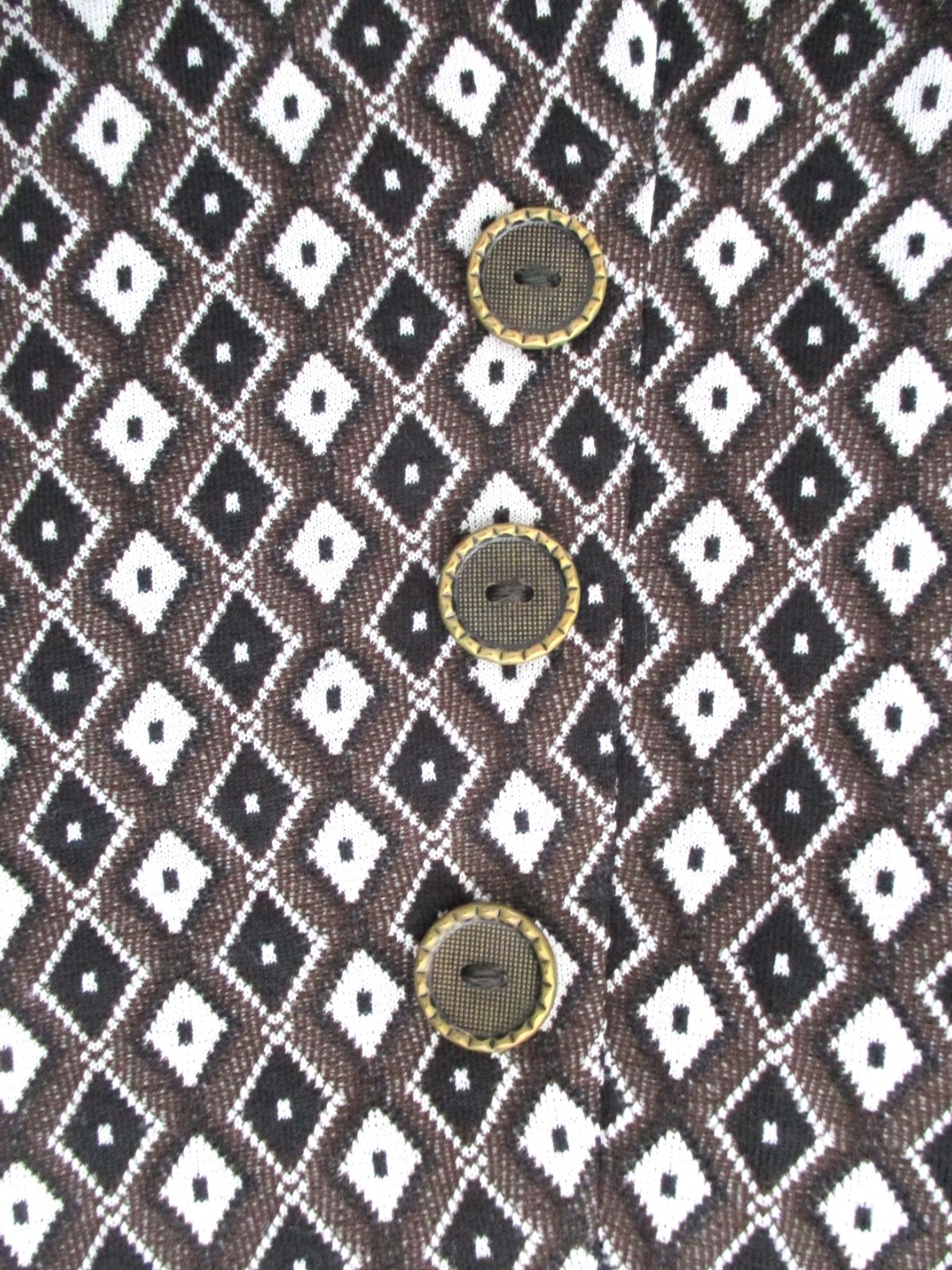 Vtg 60s 70s Black Brown Diamond Textured Knit Dress Buttons Drop Pleats XL 2XL