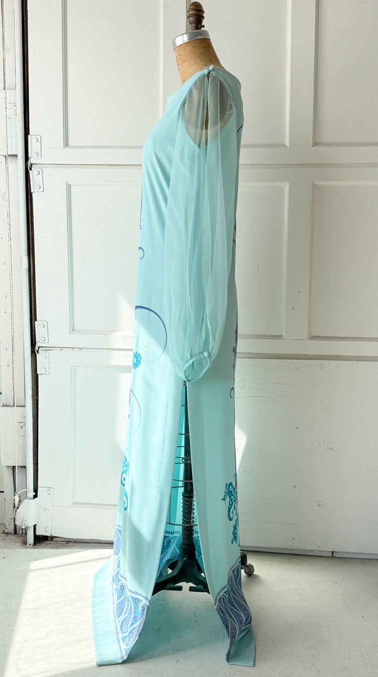 VTG 60s 70s Alfred Shaheen Aqua Blue Maxi Dress Sheer Balloon Sleeves L Hawaiian