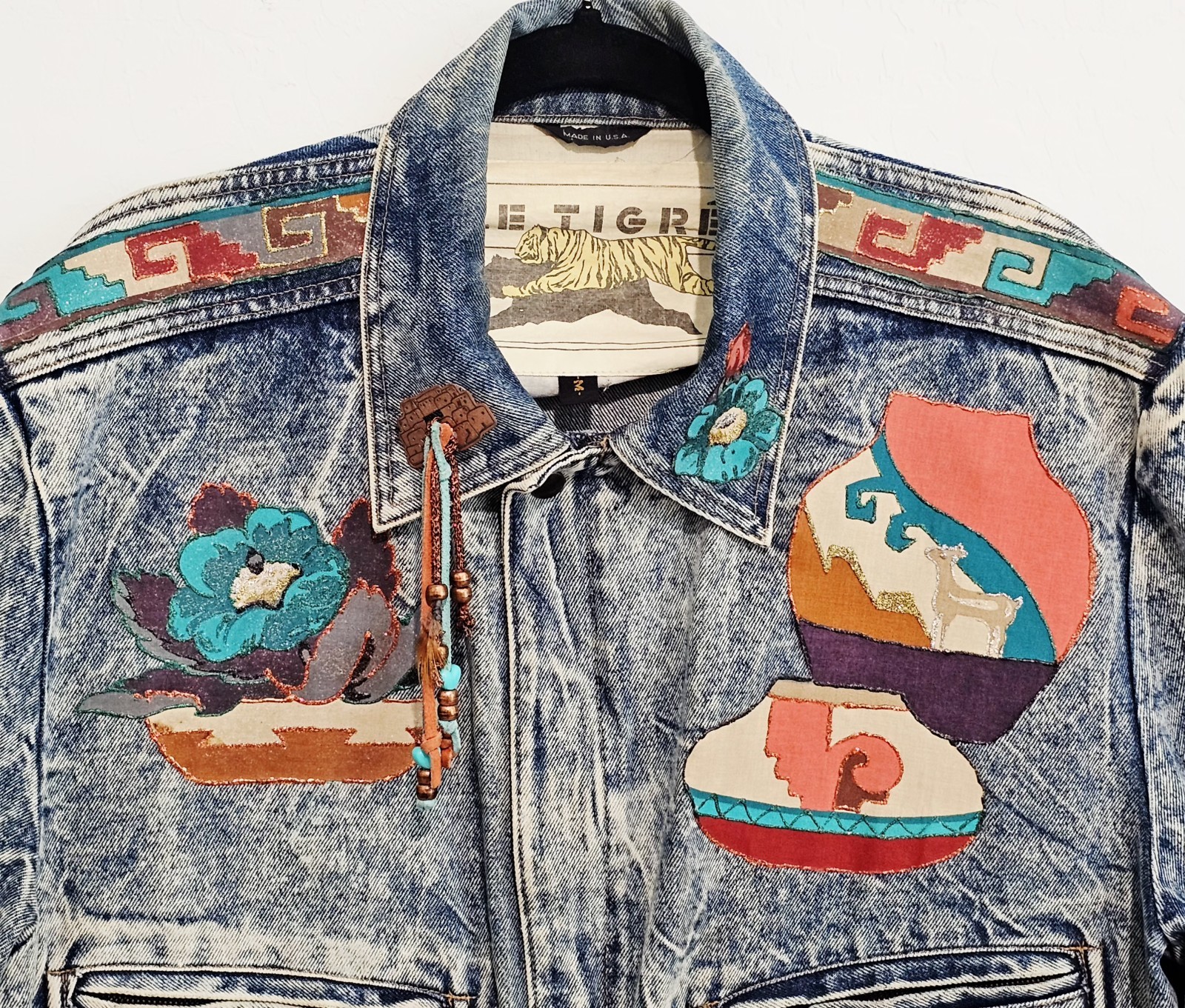 Vintage 80s Denim Jean Jacket Size M Acid Washed Southwestern Aztec Made In USA