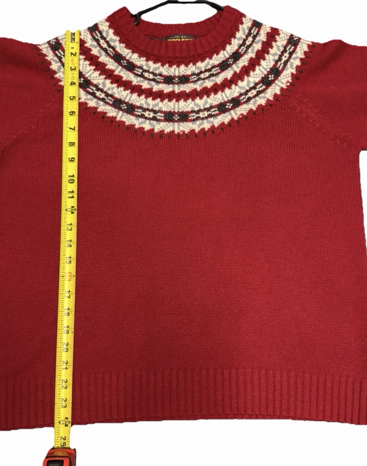 Vintage Woolrich Fair Isle Ruby Red Knit Sweater 100% Lambs Wool Size XL