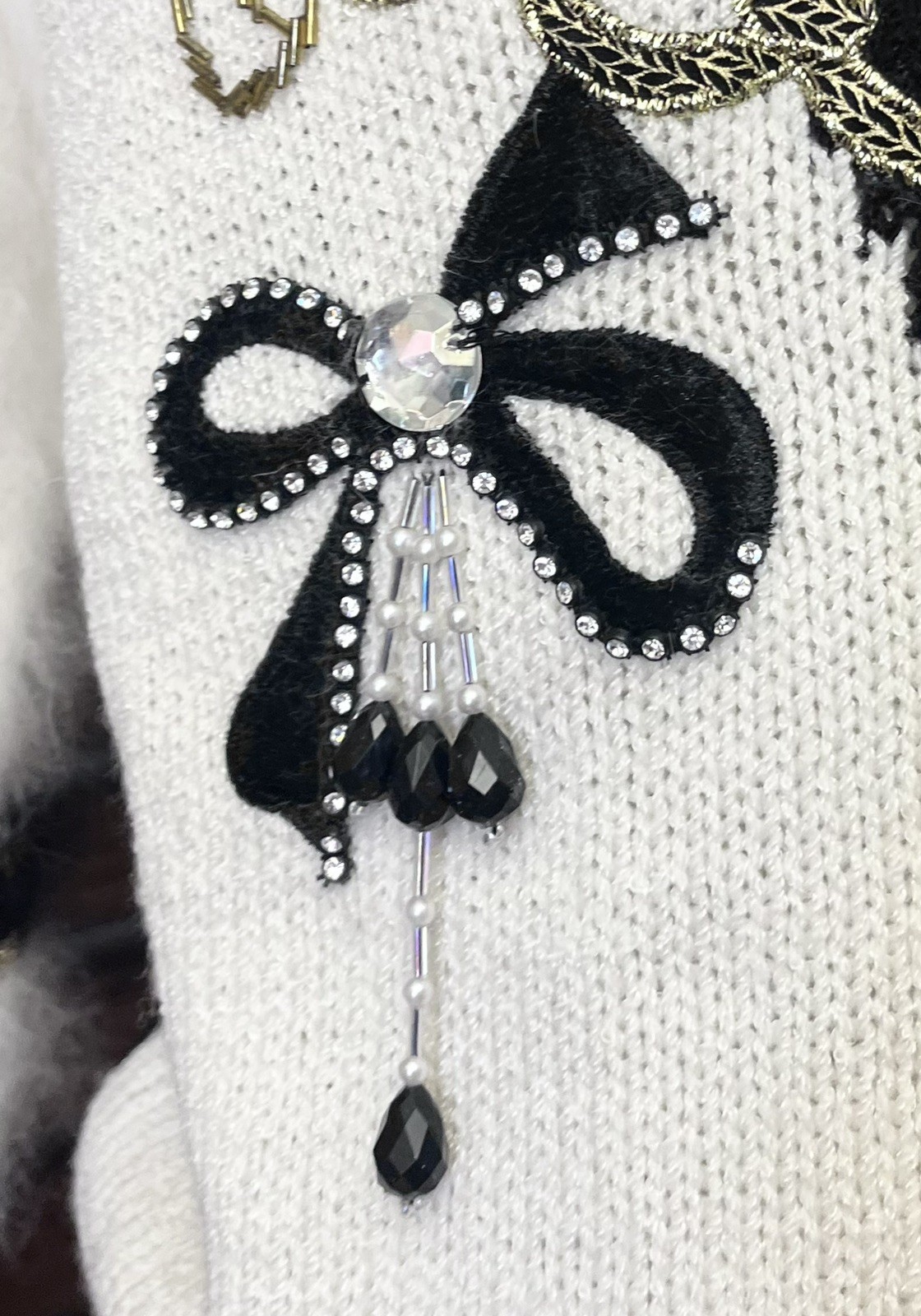 1980s 80s Vintage Black White Gold Star Beaded Rhinestone Long Sleeve Sweater M