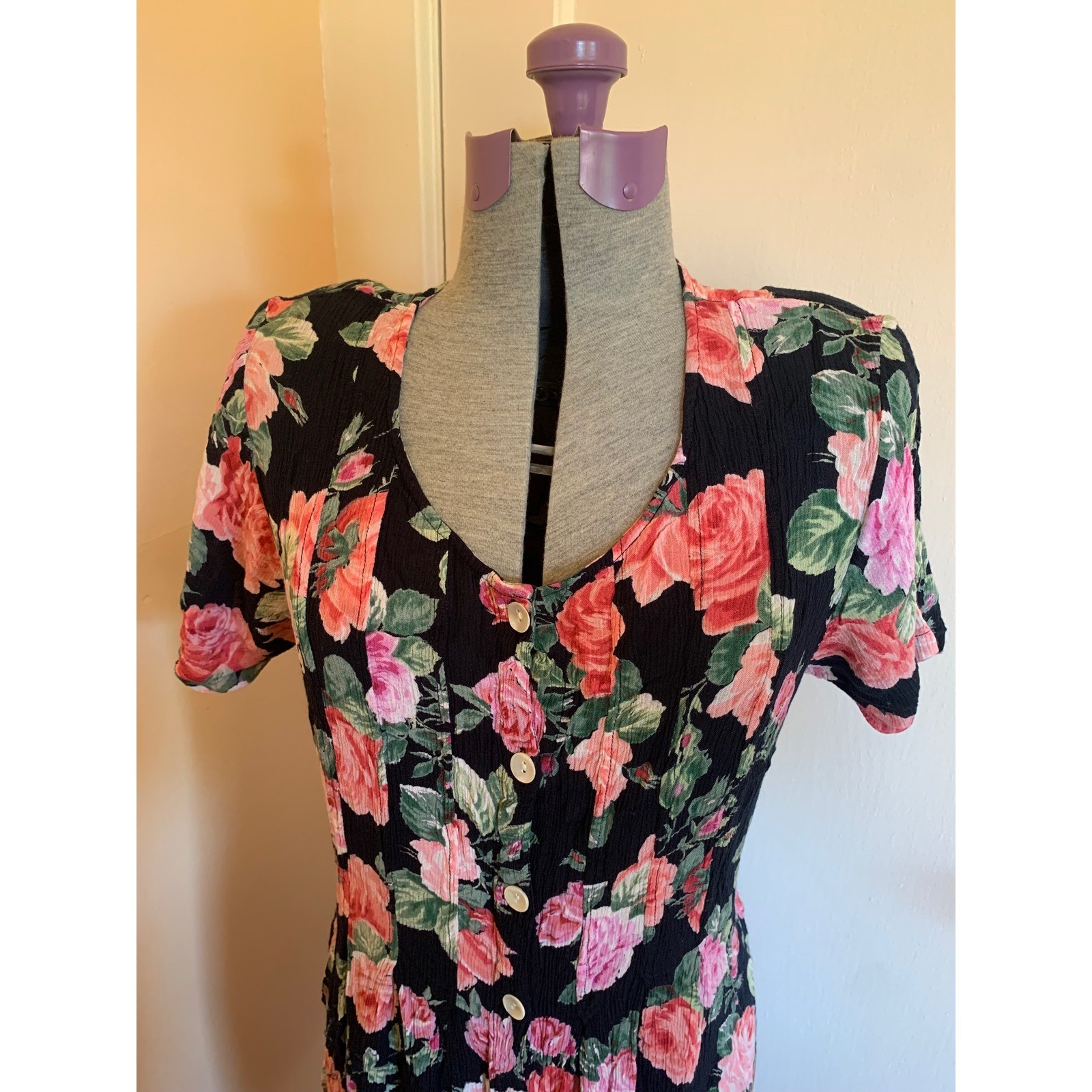 La Cera Vintage 90s Floral Rayon Crepe Midi Dress XL Black Pink Rose Cottagecore