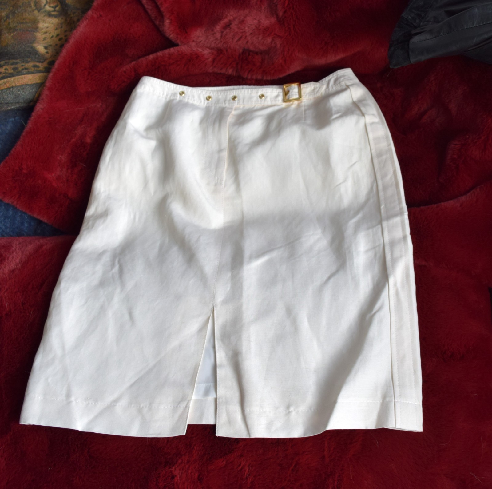 Y2K Escada Designer Skirt Silk Linen Blend Cream Pencil Gold Hardware EU Siz 40