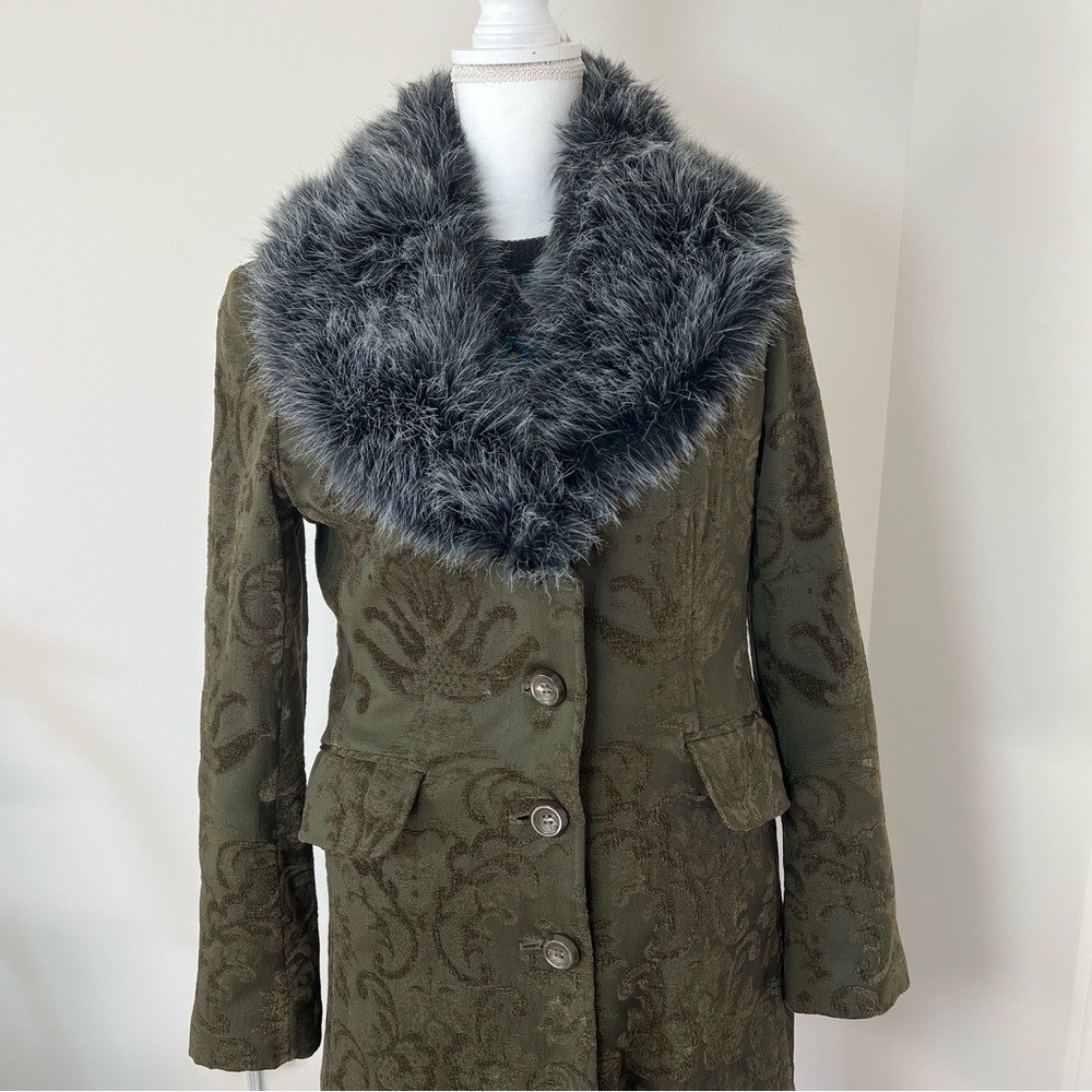 Giacca Gallery Vintage 90s/Y2K Dark Green Embroidered Boho Jacket Faux Fur 🦚