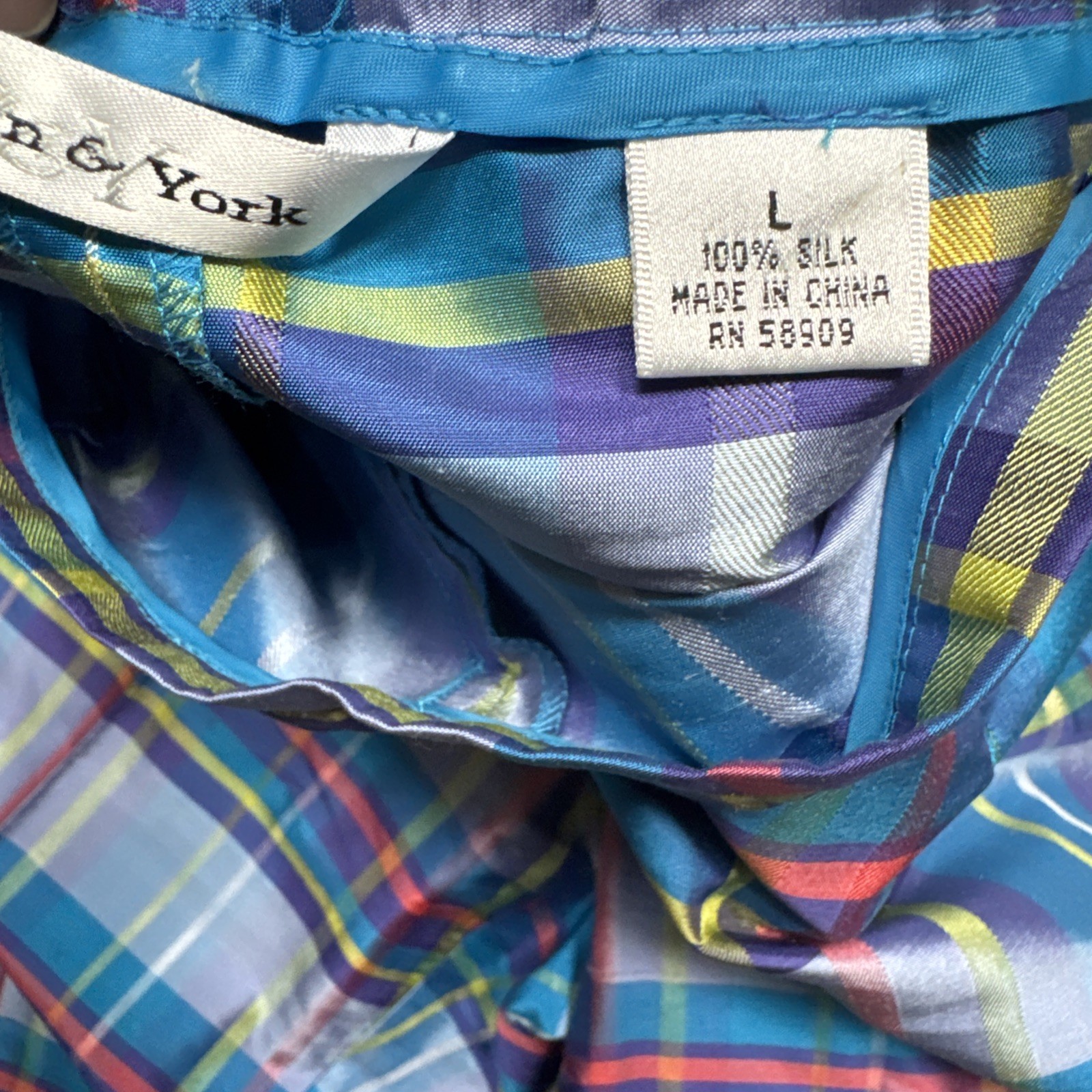 Vintage 90s Preston & York Silk 2pc Pajama Set Top Pants Plaid Womens M/ L Blue