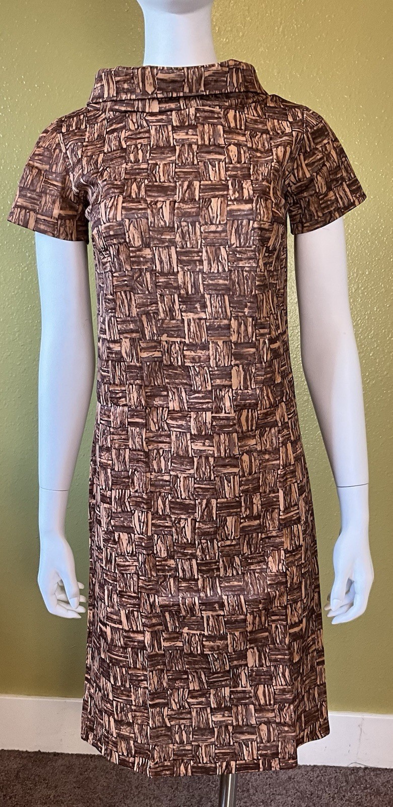 NOS 1960s MOD Jane Emory Fashions Acetate Shift Brown Mad Men S/Sleeve Size 10