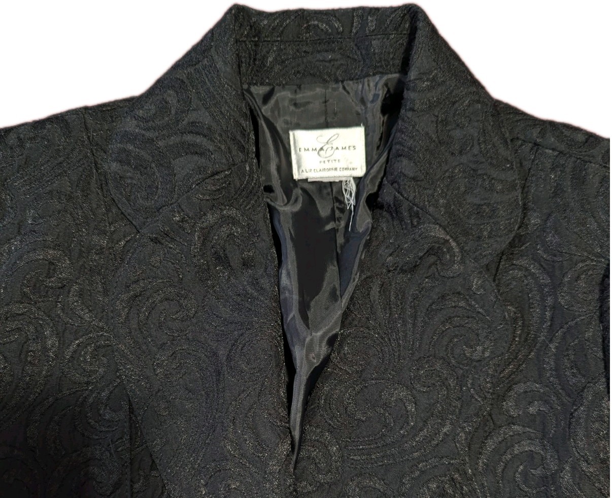 VTG Emma James Petite (Liz Claiborne) Black Textured Swirl Patterned Blazer S-M