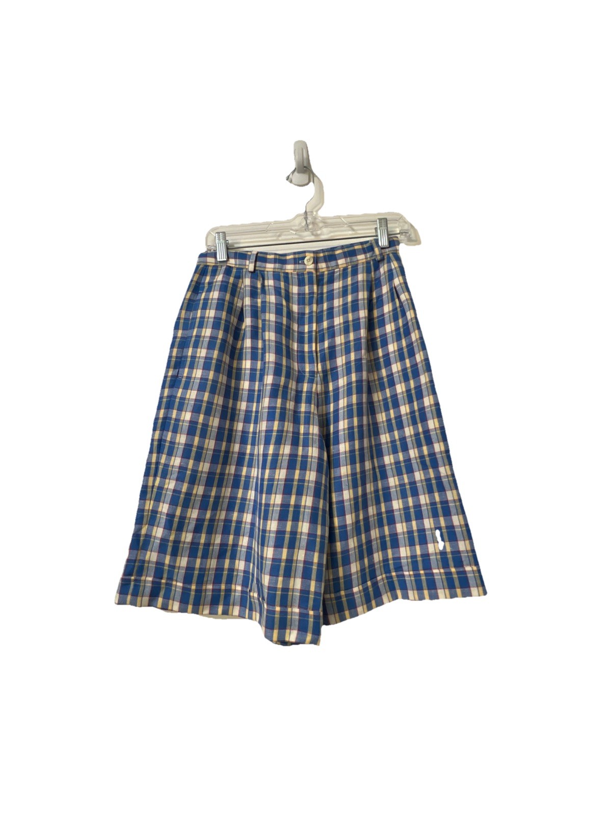 TALBOTS Vtg 90s Tartan Blue Yellow Plaid Pleated High Rise Shorts Size 10 Pocket