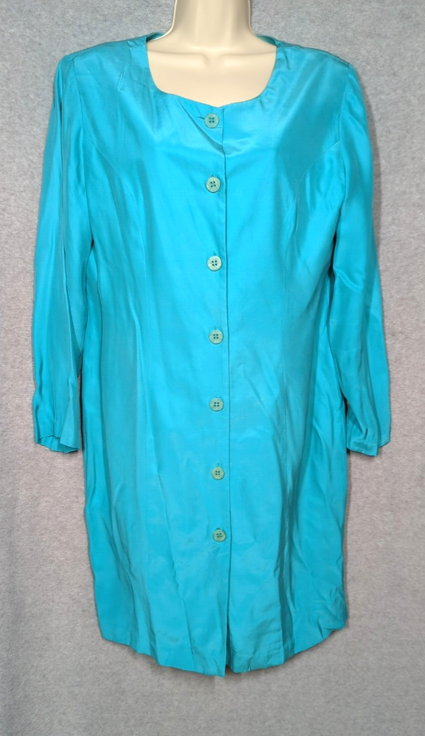Vintage 80’s Silk Dress Size 12 Turquoise Lg Sleeve Button Up Wedding Guest Chic