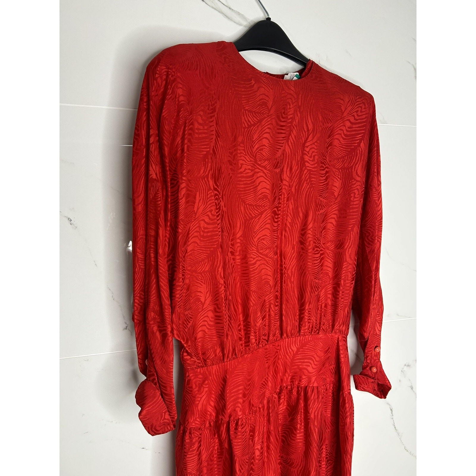 Vtg 80S SILK Jerri Sherman Midi Dress 12/L Red Jacquard Drop Waist Holidays