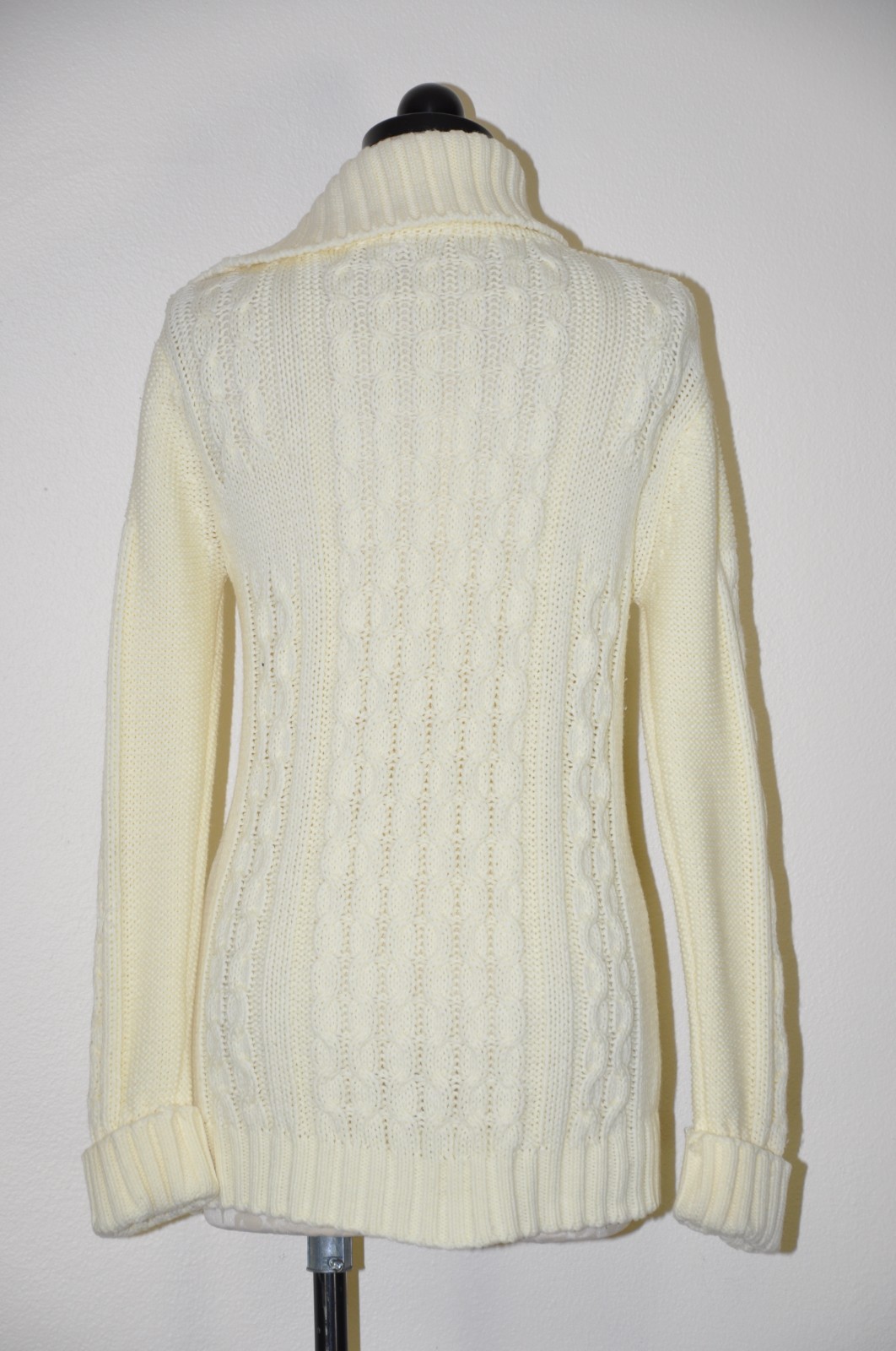 70s Vintage Cream Chunky Cable Knit Buttons Turtleneck Fisherman Sweater Women S
