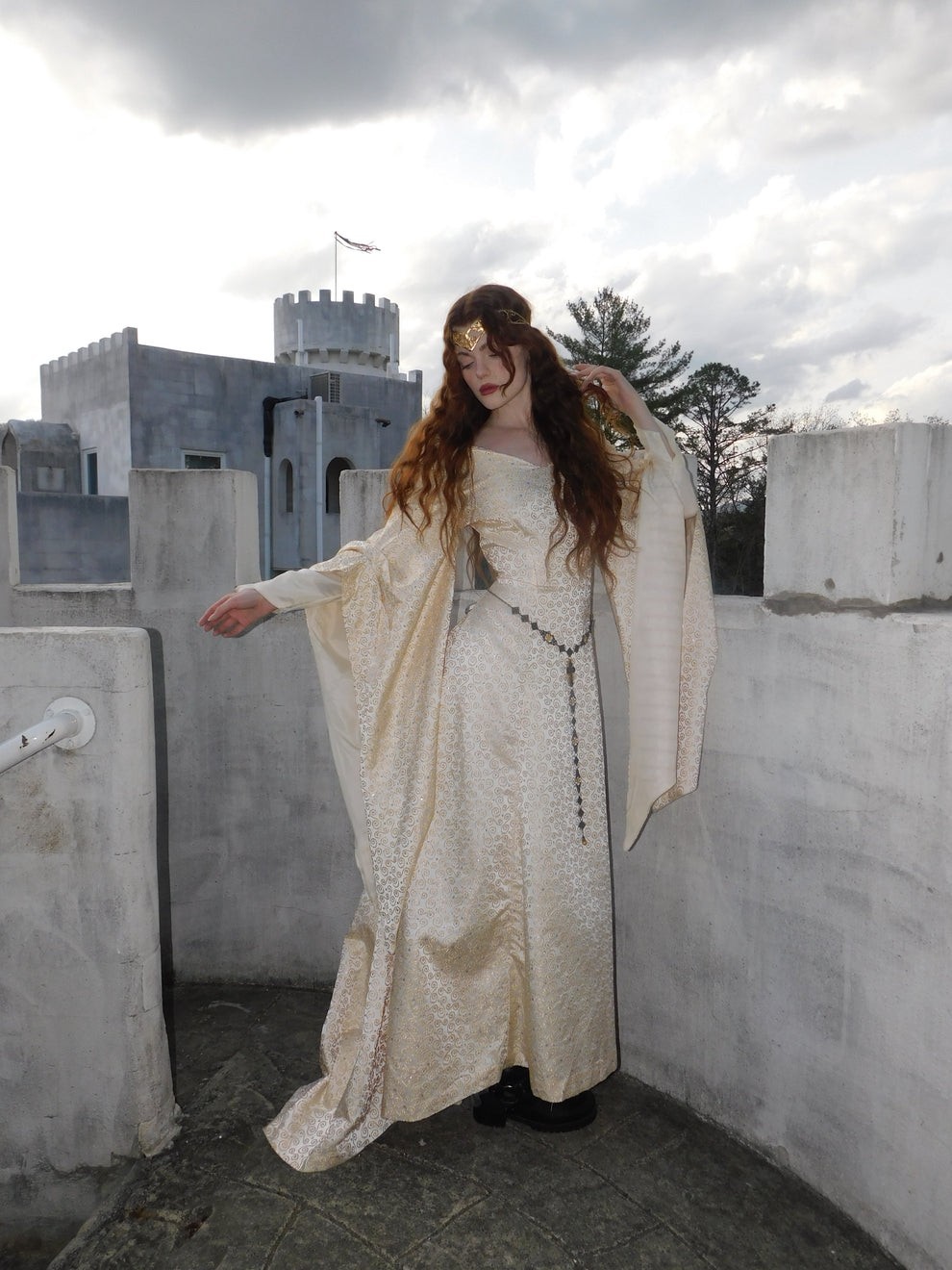 1930s Vintage Spanish Silk Gold Embroidered Medieval Brocade Gown